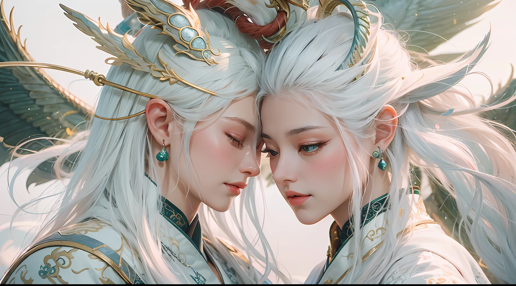 Close-up of a young couple wearing a white dragon dress on their heads,Chinese fantasy,beautiful digital artworks,Ross Tran 8 K,xianxia fantasy,Fenghua Bell,Chinese style,Dragon-inspired cloth robe,Ross Tran和Wlop,