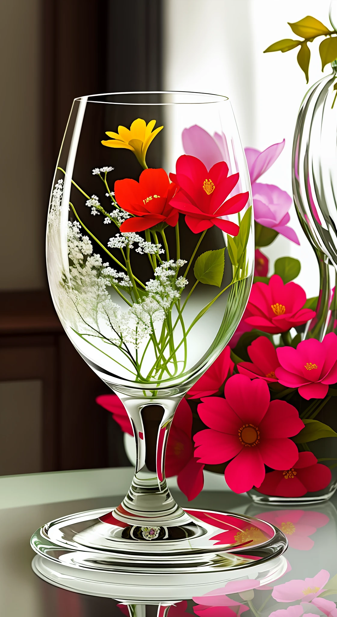On the table was a glass,There are flowers inside, wineglass, reflections on a glass table, in a short round glass vase, romantic setting, wineglass, beautiful glass work, Central symmetry, beautiful ambiance, transparent glass vase, surreal glass goblets, photorealistic paintings, author:Alexander Gerasimov, glass flowers