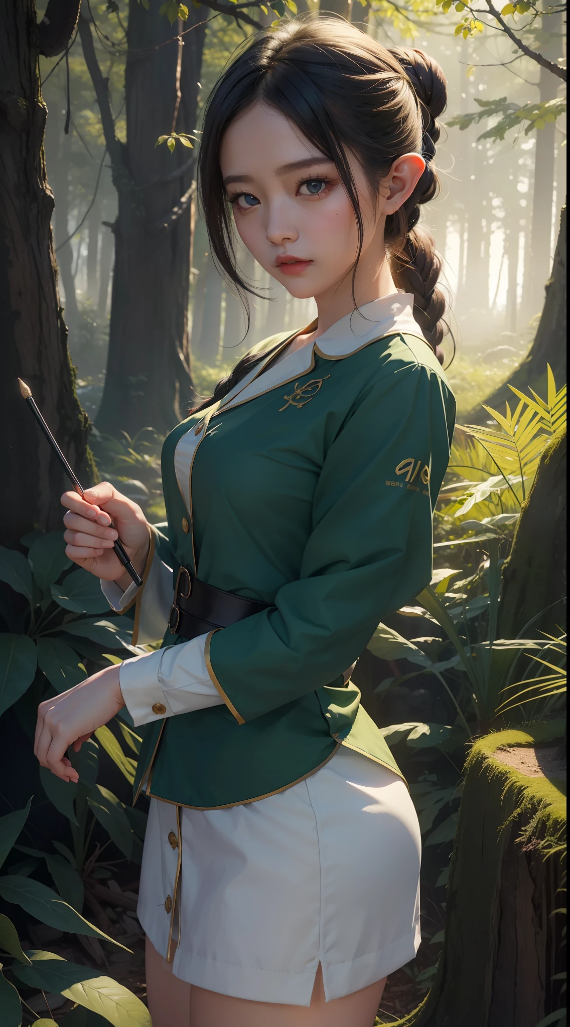 1girl,独奏,offcial art,统一 8k 壁纸,ultra - detailed,Beauty and aesthetics,tmasterpiece,best qualtiy,Photoreality,nurses uniform,the elf,glowworm,Show on the(glowworm:1.3)of the woods,bonfires,Dark theme