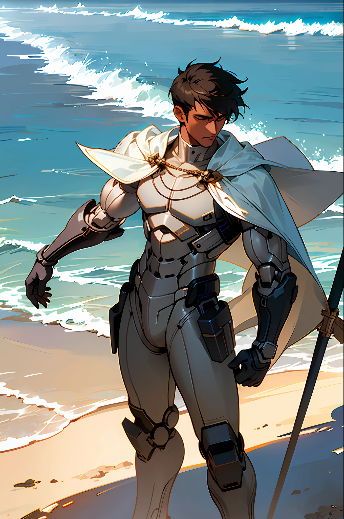 (Extremely detailed and high-quality illustrations),(Best lighting and shadow effects, Ultra-realistic),beachside, sandbeach，Dark  skin，Handsome young man with short hair, Look at the sea with a contemplative expression,musculature，Arm mech，（Weapon in hand），（Cloak）