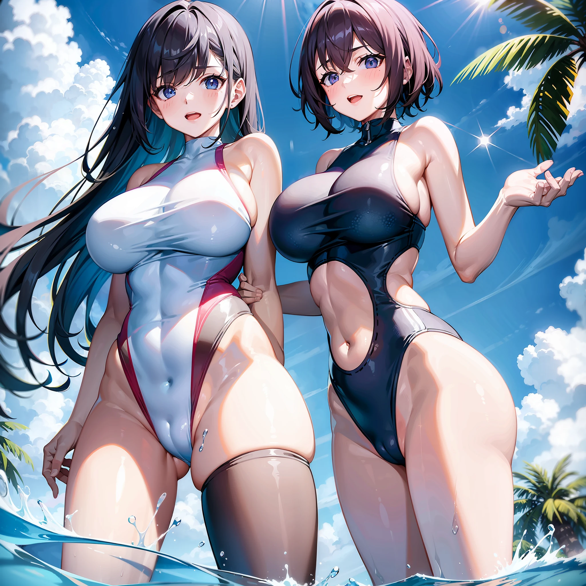 2girls,Extremely large breasts,Get wet,Sleeveless competitive swimsuit,Bare with thighs,Bare navel