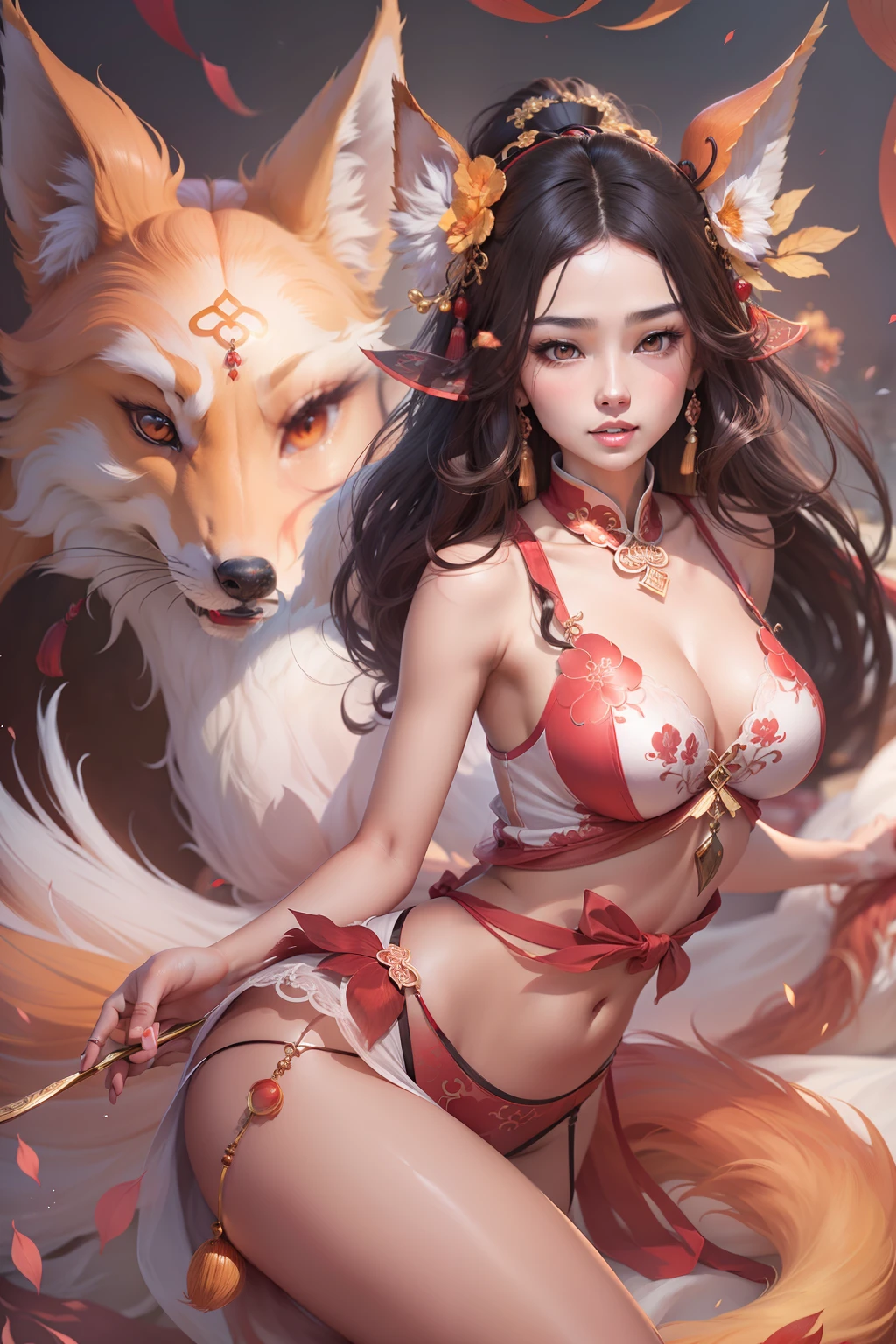 A beauty incarnated by the nine-tailed fox,brunette color hair,Chinese elements,Delicate facial features,Supple skin,Delicate hair accessories,Sexy figure,Lingerie transparent,4K effect