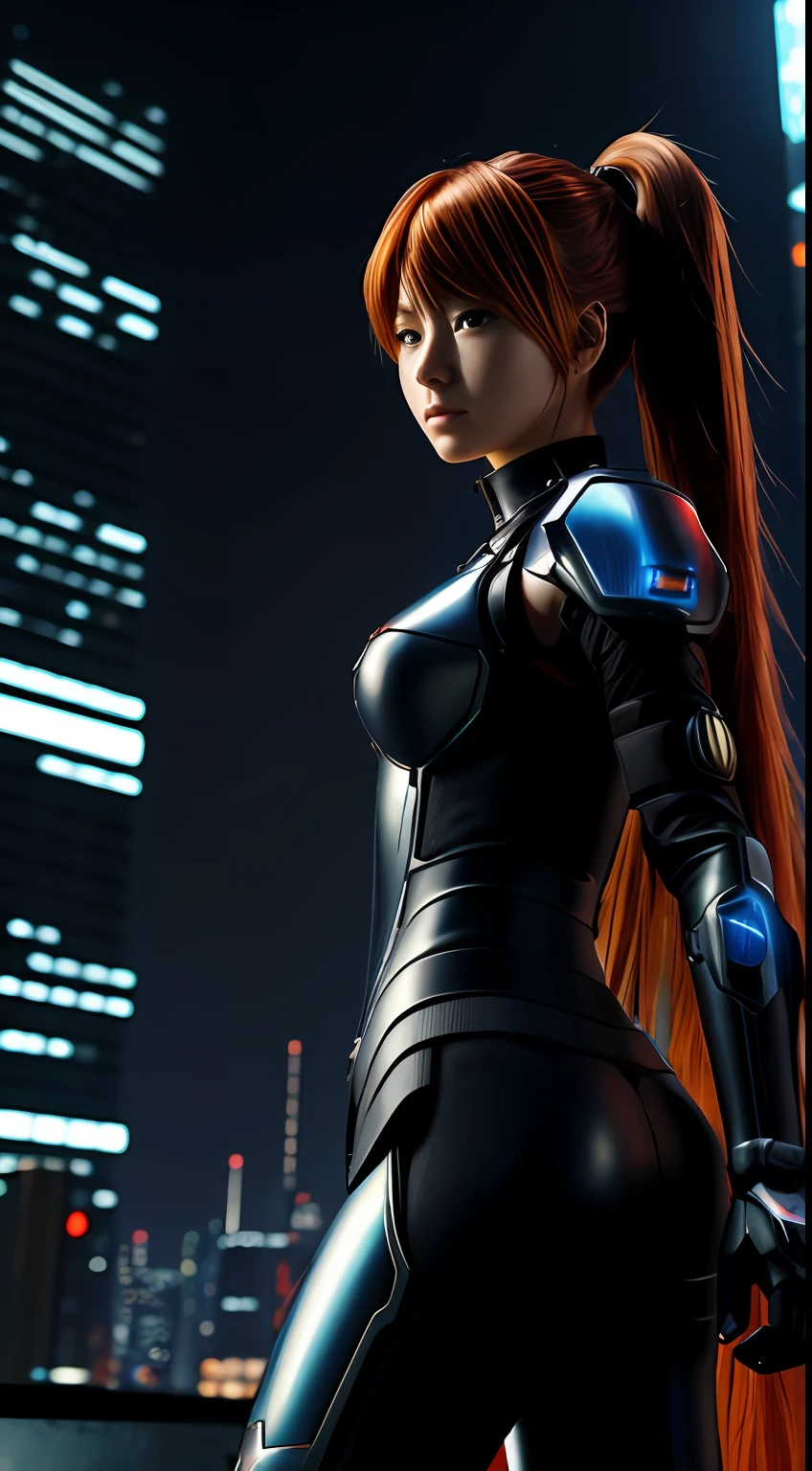 Cyberpunk,Photorealism, beautiful Asuka Langley Soryu in sci-fi armor in a futuristic city --ar 3:2 --v 4