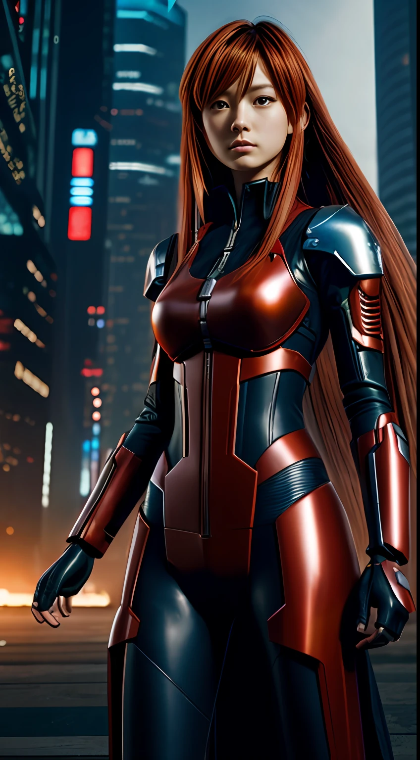 Cyberpunk,Photorealism, beautiful Asuka Langley Soryu in sci-fi armor in a futuristic city --ar 3:2 --v 4