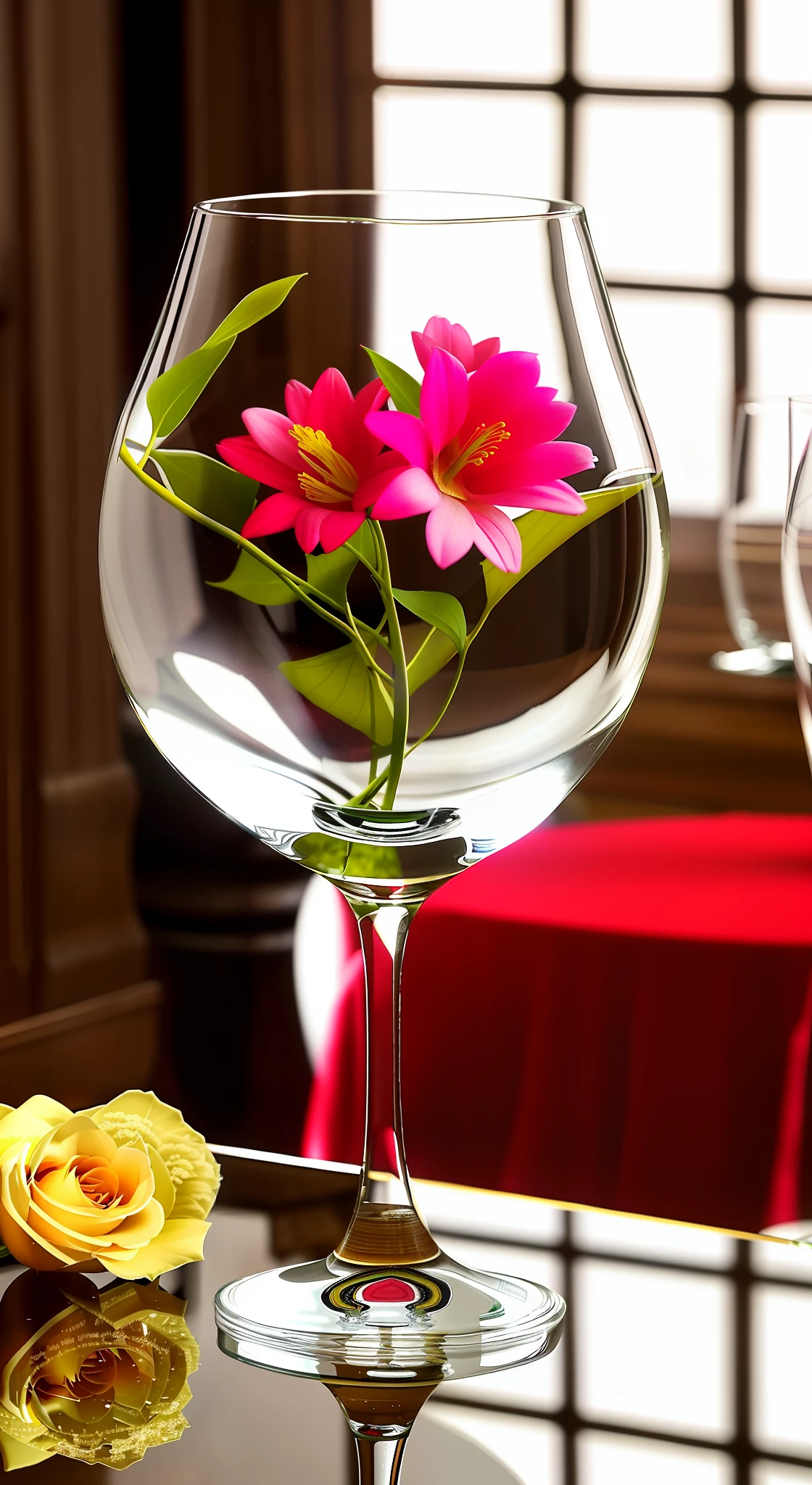 On the table was a glass,There are flowers inside, wineglass, reflections on a glass table, in a short round glass vase, romantic setting, wineglass, beautiful glass work, Central symmetry, beautiful ambiance, transparent glass vase, surreal glass goblets, photorealistic paintings, author:Alexander Gerasimov, glass flowers