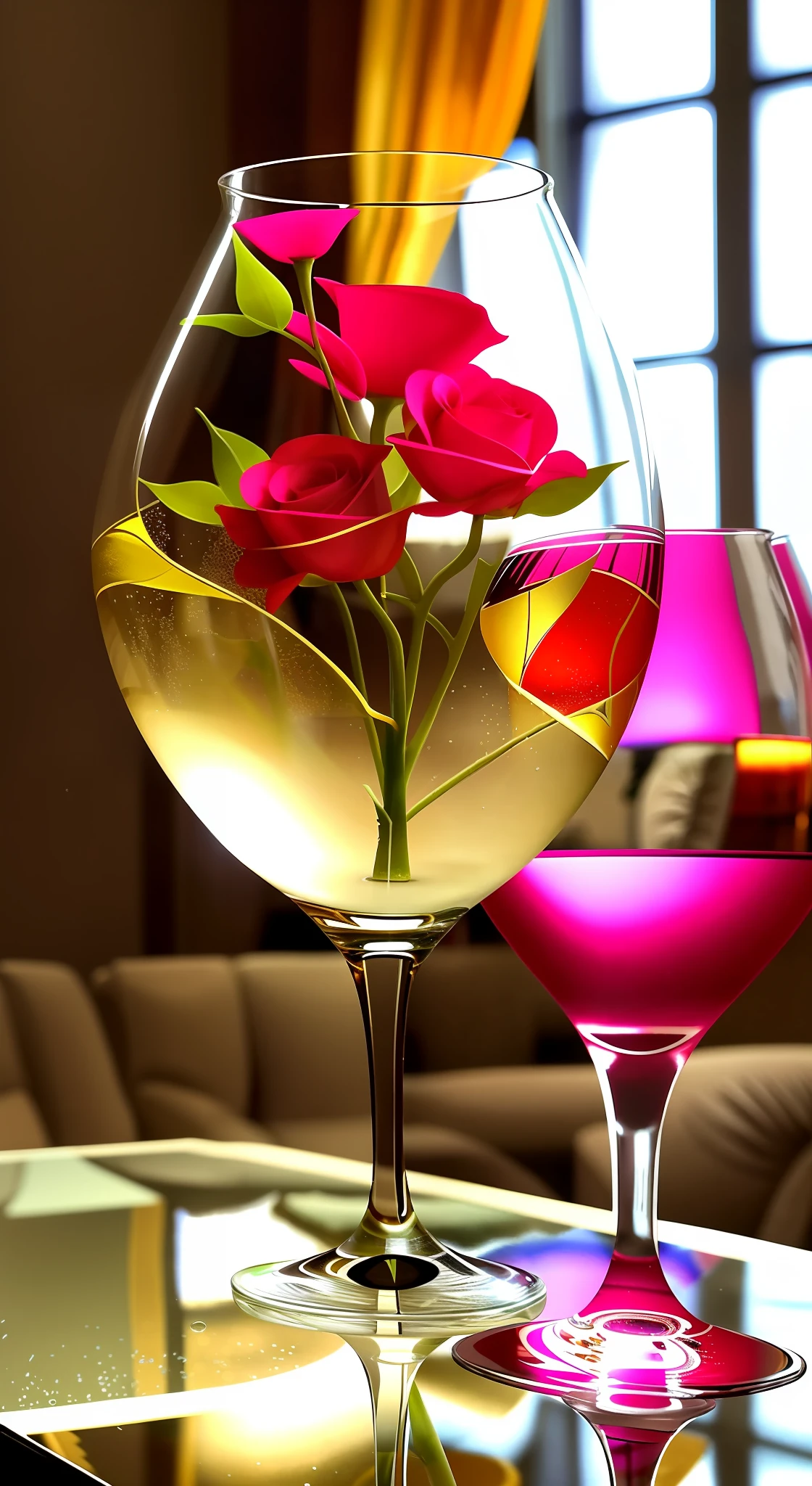 On the table was a glass,There are flowers inside, wineglass, reflections on a glass table, in a short round glass vase, romantic setting, wineglass, beautiful glass work, Central symmetry, beautiful ambiance, transparent glass vase, surreal glass goblets, photorealistic paintings, author:Alexander Gerasimov, glass flowers