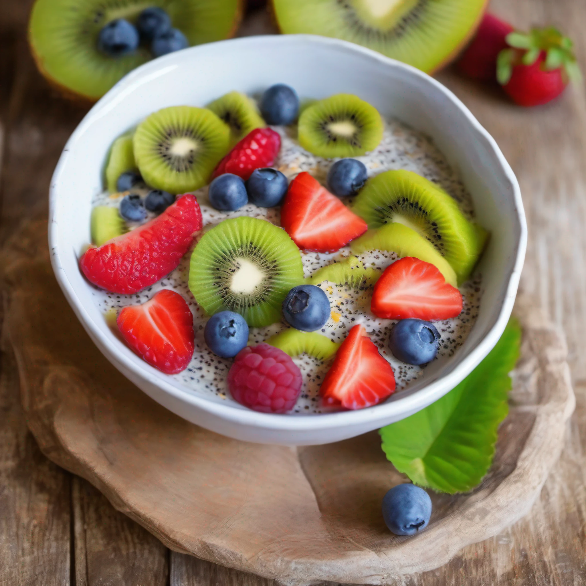 A very beautiful bowl with 2 tablespoons of chia seeds 1 cup of milk (pode ser leite de vaca, leite vegetal ou iogurte) 1 tablespoon honey or other sweetener of your choice 1 teaspoon vanilla extract (opcional) Frutas frescas picadas (como morangos, kiwi, manga, mirtilos, etc.) para a cobertura , This bowl is on a very beautiful table with other fruits, forming a very nice and beautiful scene.