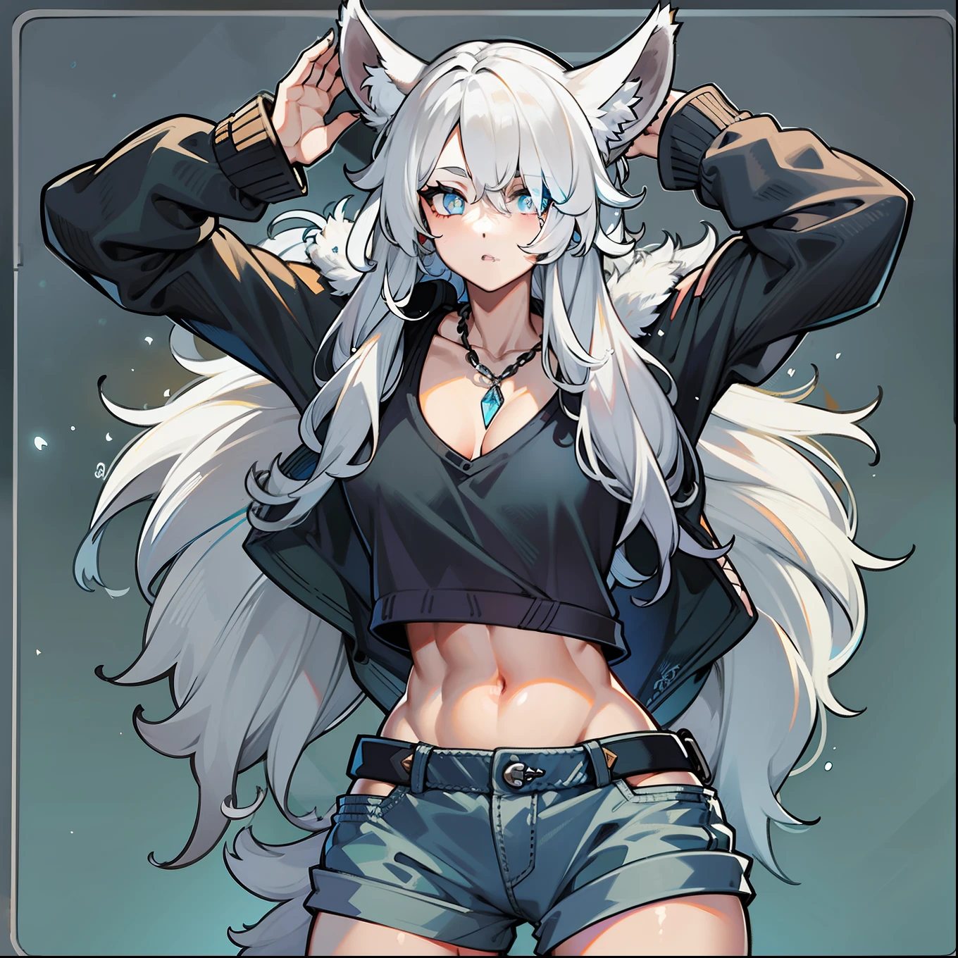 feminine male with long flowing white hair, has wolf ears, has wolf tail, wearing denim short shorts and a cropped black hoodie, thick thighs, wide hips, wearing thigh high socks, solo, alone, no wolves, showing belly, has glowing blue eyes, flat chested