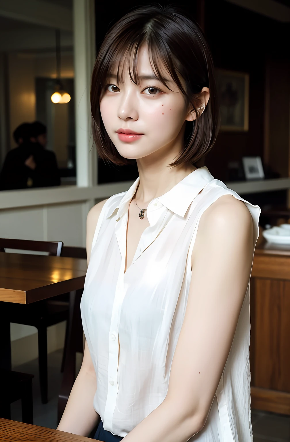 ((8K:1.27)、top-quality、masterpiece、超A high resolution:1.2)Photo beautiful Chinese woman(pleasing:1.1) (The shirt:1.21) Elegance、There is a good、Gradient lighting、1girl in、Delicate skin、Look here、Brown-eyed、(short hair with bangs:1.2)、(Medium chest:1.0)、(medium areola:0.8)、(realisitic:1.4)、(top-quality:1.0)、(超A high resolution:1.0)、8K、Raw photography、(masterpiece:0.2)、(pureerosface_v1:0.5)、 White linen clothes、Sleeveless、Kamimei、excited expressions、Red cheeks、want me、Staring at this、cafes、Table seating、Being drunk、subject、look down from above、Lean、、Watched、coffee、