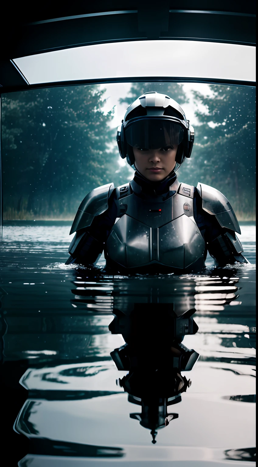 an armored valkyrie floating in the water with reflection on water, dark background, photorealistic, --v 4