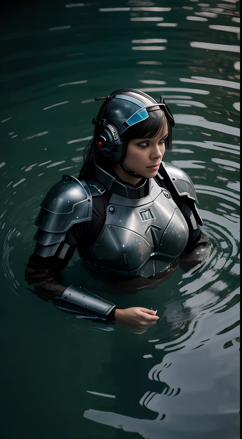 an armored valkyrie floating in the water with reflection on water, dark background, photorealistic, --v 4