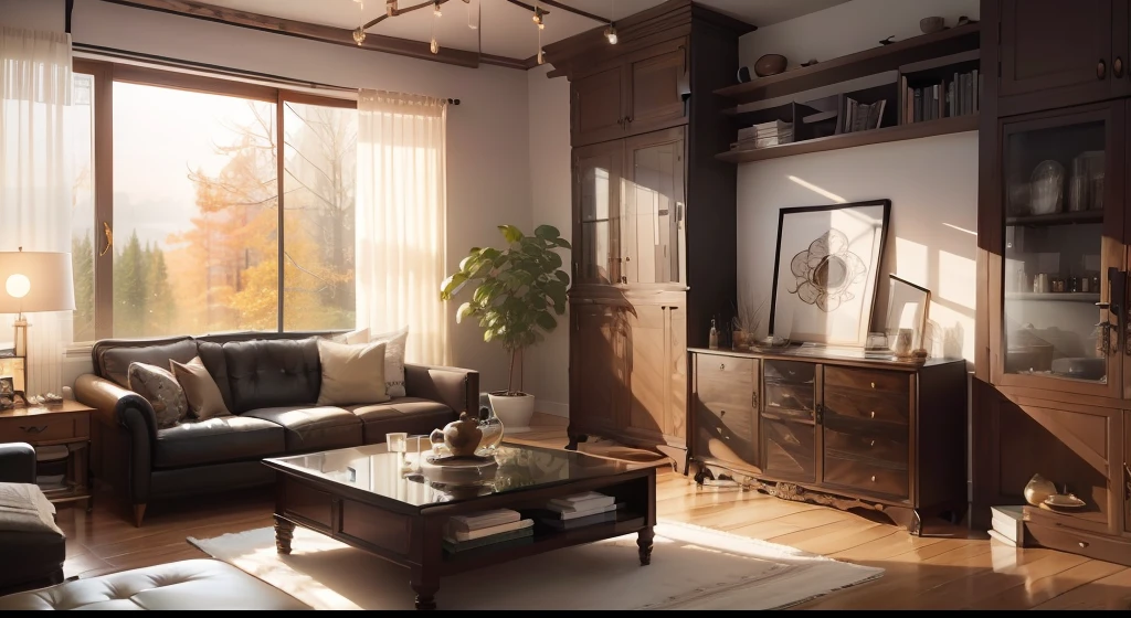 Nordic style、Soft bed、coffee table、Bedside tables、vases、Suspended paintings、dressers、Square glass window、wooden furniture、wardrobe、Intricate carving、an oil painting。Warm colors、award winning masterpiece with incredible details、huge window --v 6