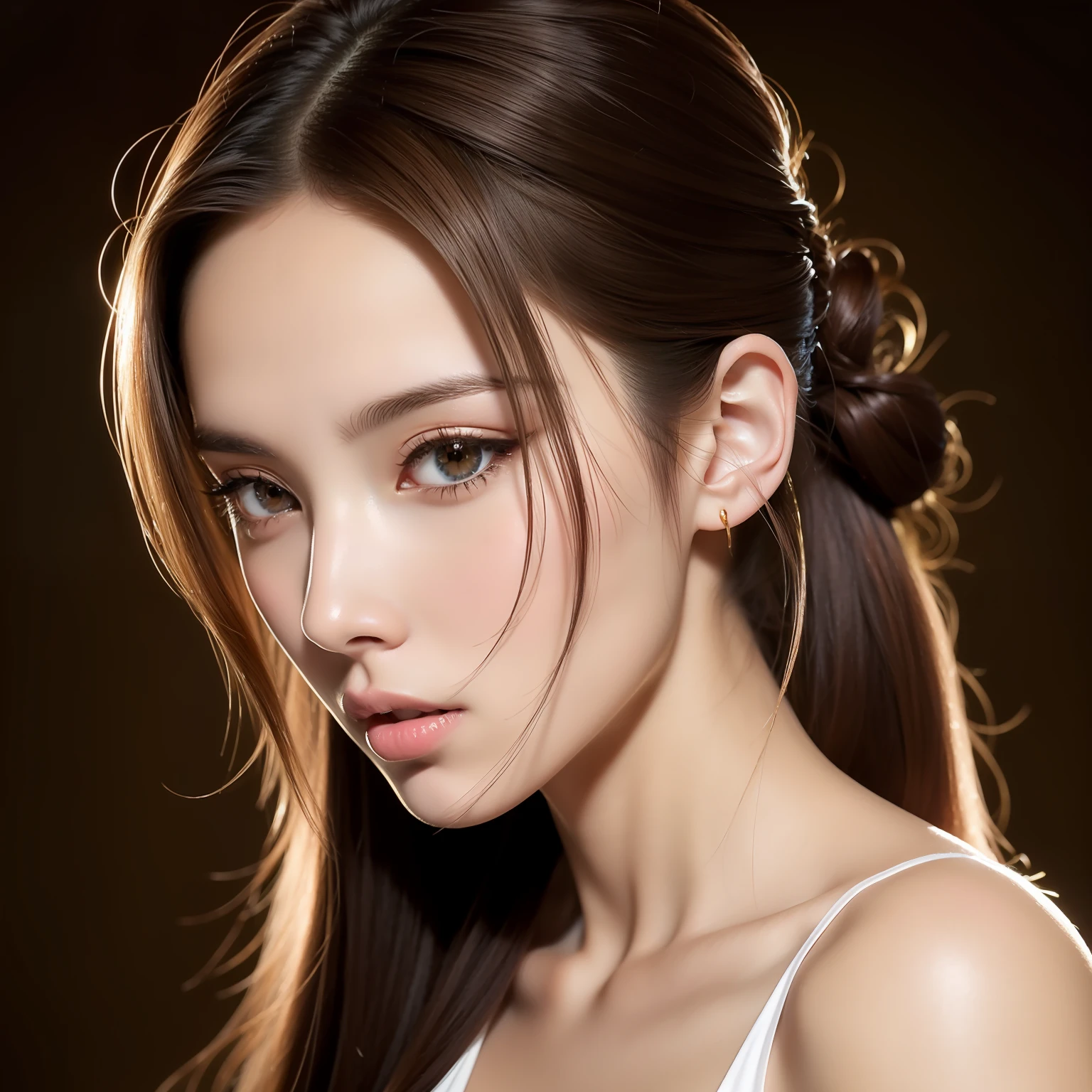 High image, Super Detail, High resolution, Anime, Manga, Illustration, Straddling the balance ball, Beautiful woman, Amorous expression, Seductive look, Seductive moist half open lip, Flowing layered Messy Half Up Braided Light Brown Ponytail Hairstyle, Sparkling gold eyes, Huge breasts, under the boobs, great proportion, perfectly proportions, slender, Full body