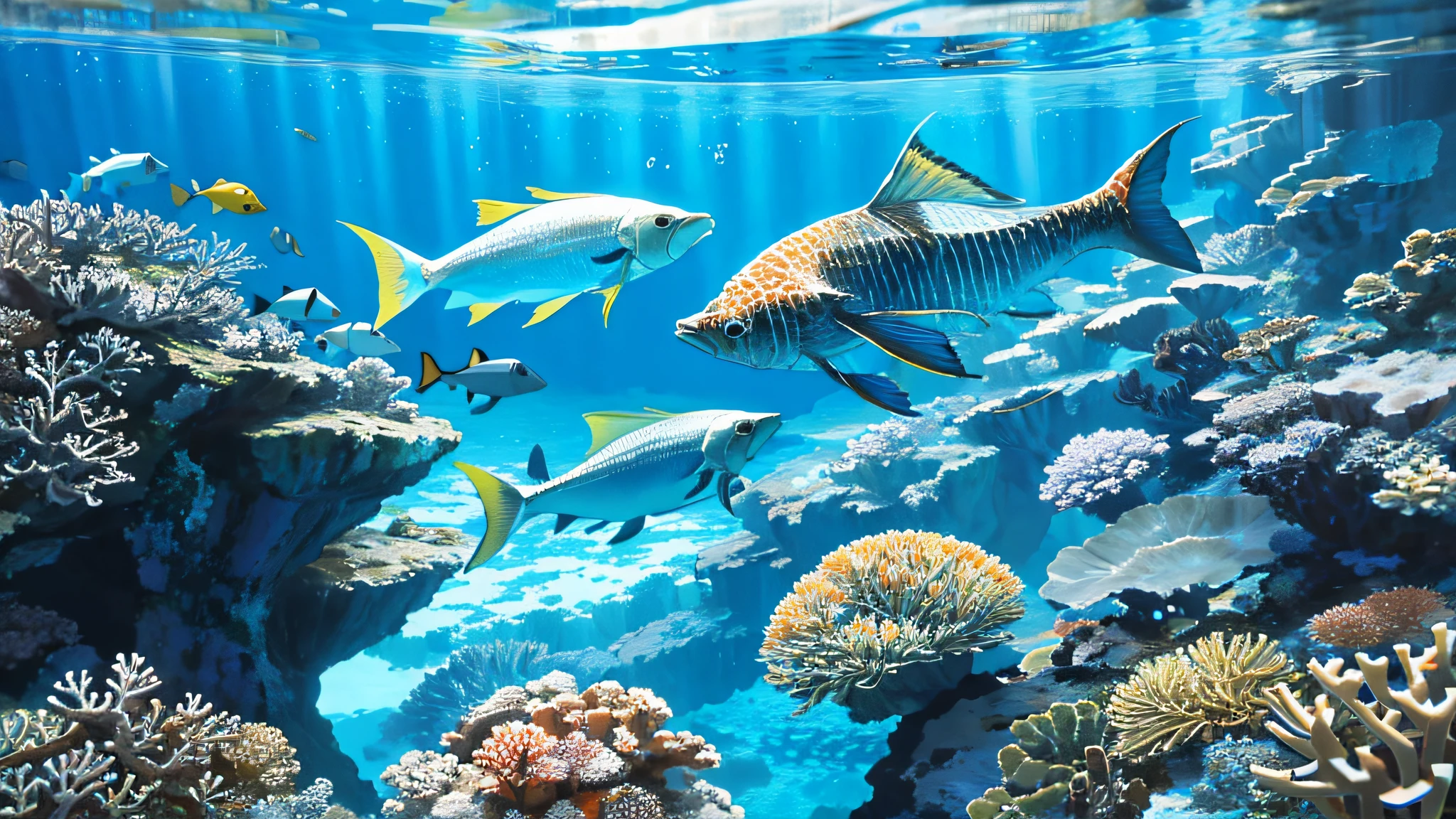 A breathtaking underwater scene with vibrant marine life, schools of colorful fish, and swaying coral reefs.