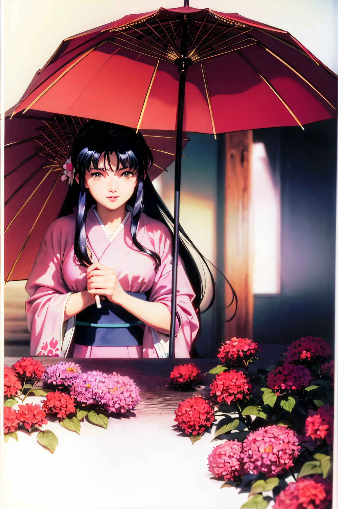 masterpiece, best quality,(1990s \(style\):1.2),Sakura Shinguuji (sakure wars), 1girl, umbrella, solo, japanese clothes, long hair, flower, oil-paper umbrella, kimono, hydrangea, bow