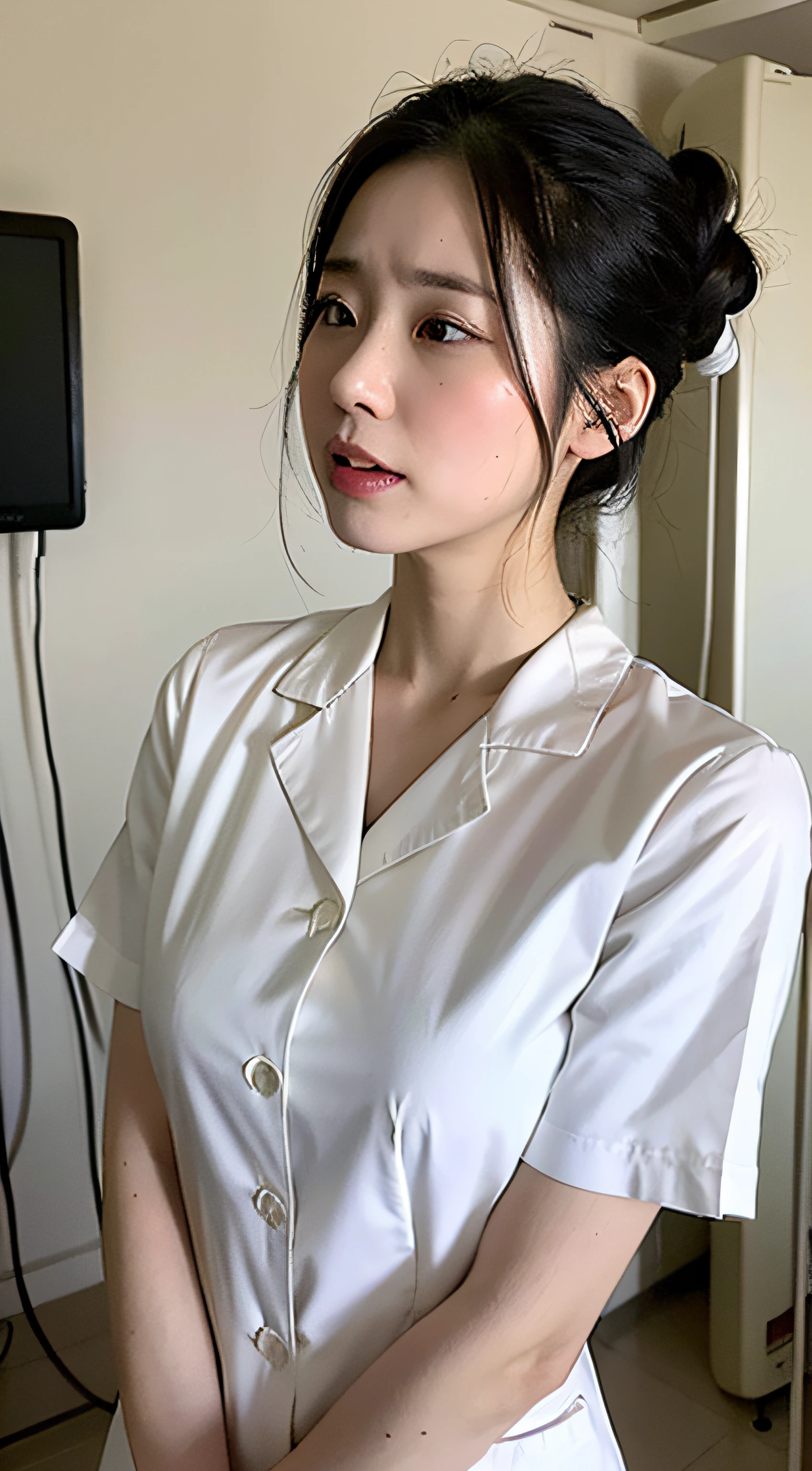 In a hospital,White nurse's uniform,cross-eye,huge tit,weeping ,Extremely exciting,Suffocating,Can't breathe,climaxing,climaxing,Hyperemia of facial skin,Rapid heartbeat,staredown,It's almost gone, To go