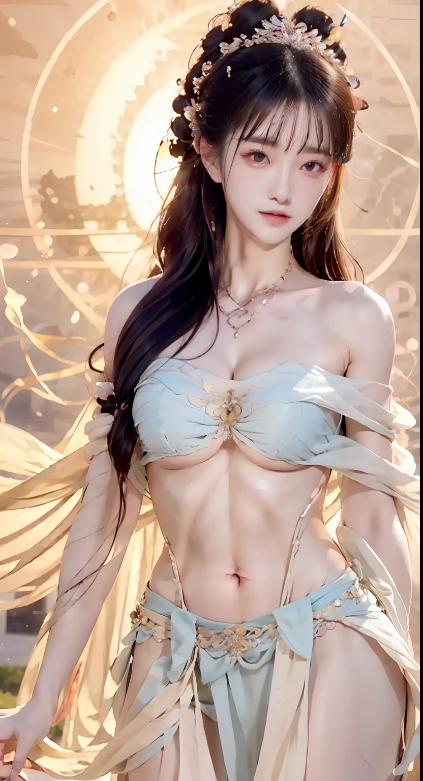 Bust photo, a beautiful woman, messy hair, girly, symmetrical bun, hair accessories, jewelry, delicate face, navel, belly, Dunhuang style, a lot of streamers, delicate skin, soft light effects, delicate and smooth hair, delicate details, eye highlights, fair skin, fine portrayal, extreme details, cinematic quality, thin, slender, broken, hair details, thin bangs, shawl hair, right body, shadow, air bangs, 8K, super fine, fine fabric texture, soft, supple, Smooth texture, Dunhuang style, delicate pattern, correct hand painting, smile, tsurime, Surrealism, ray tracing, UHD, high details, super detail, highres, 8k, high quality, high details, textured skin, ccurate