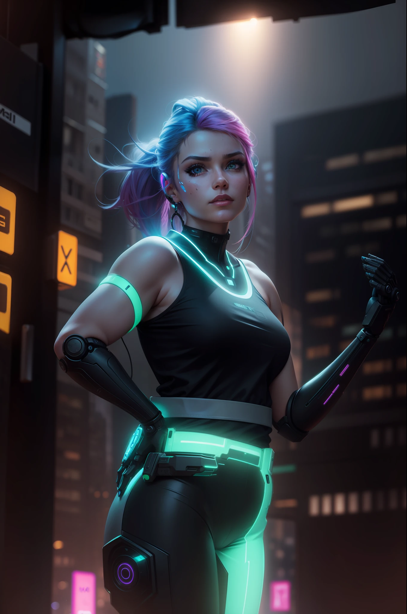 Realistic face, robotic right hand , city cyberpunk , left chick robotic , neon city , neon hair , 8k quality , detailed ,