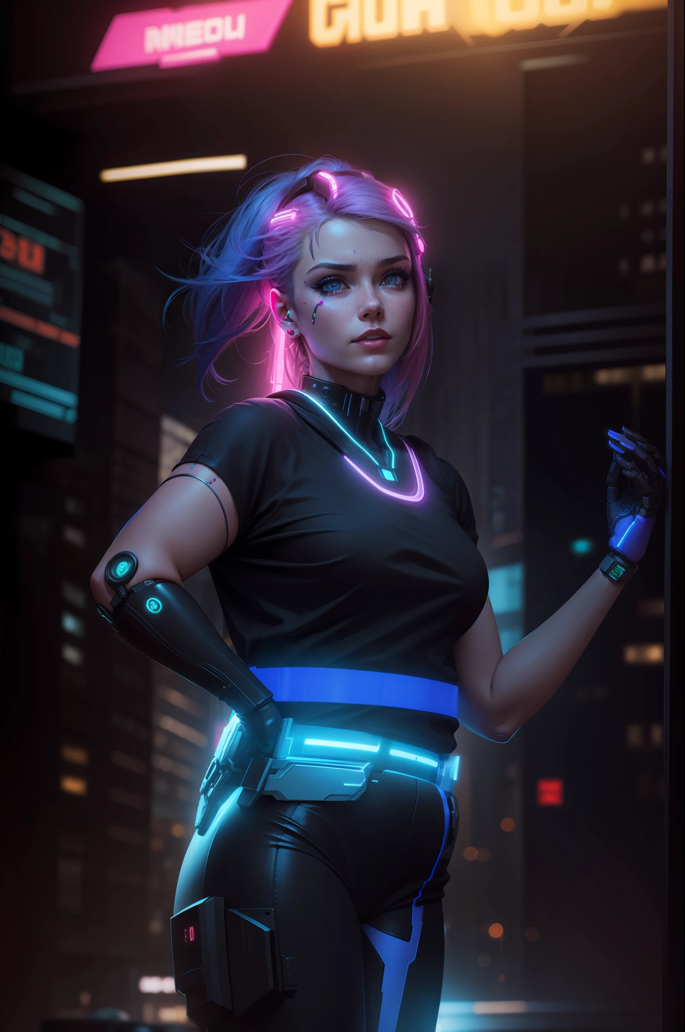 Realistic face, robotic right hand , city cyberpunk , left chick robotic , neon city , neon hair , 8k quality , detailed ,