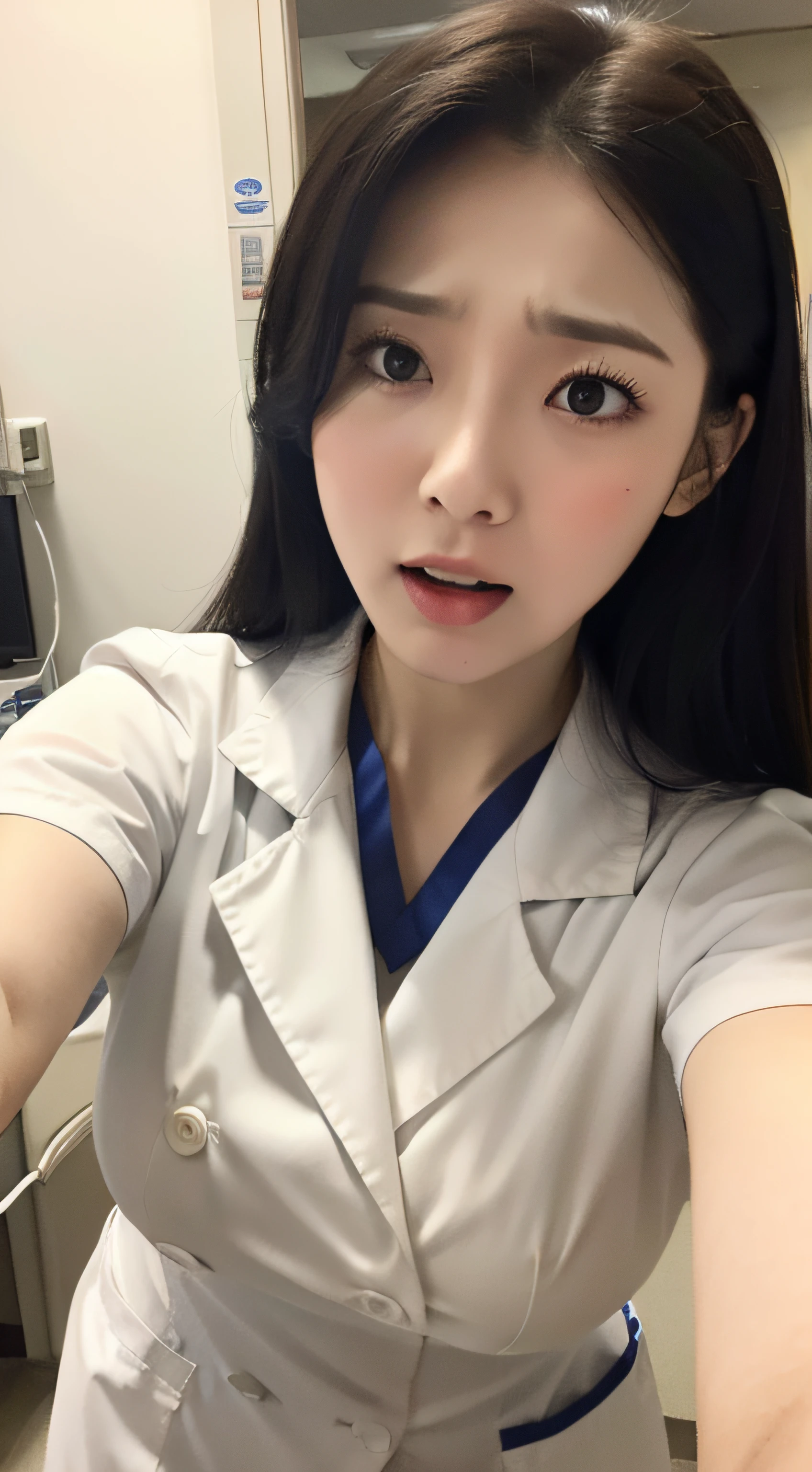 In a hospital,White nurse's uniform,cross-eye,huge tit,staredown,weeping ,Very excited,Suffocating,Can't breathe,climaxing,climaxing,It's almost gone,To go