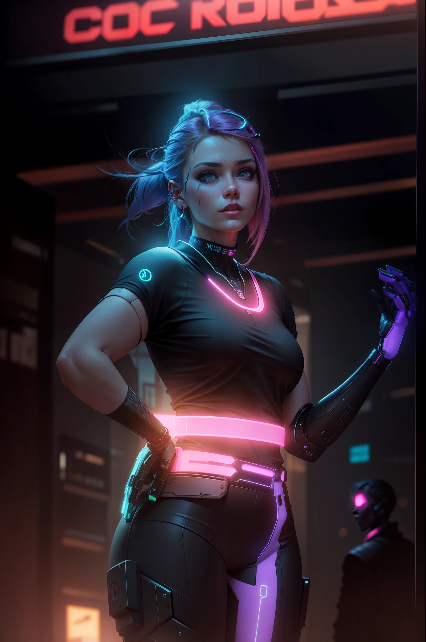 Realistic face, robotic right hand , city cyberpunk , left chick robotic , neon city , neon hair , 8k quality , detailed ,