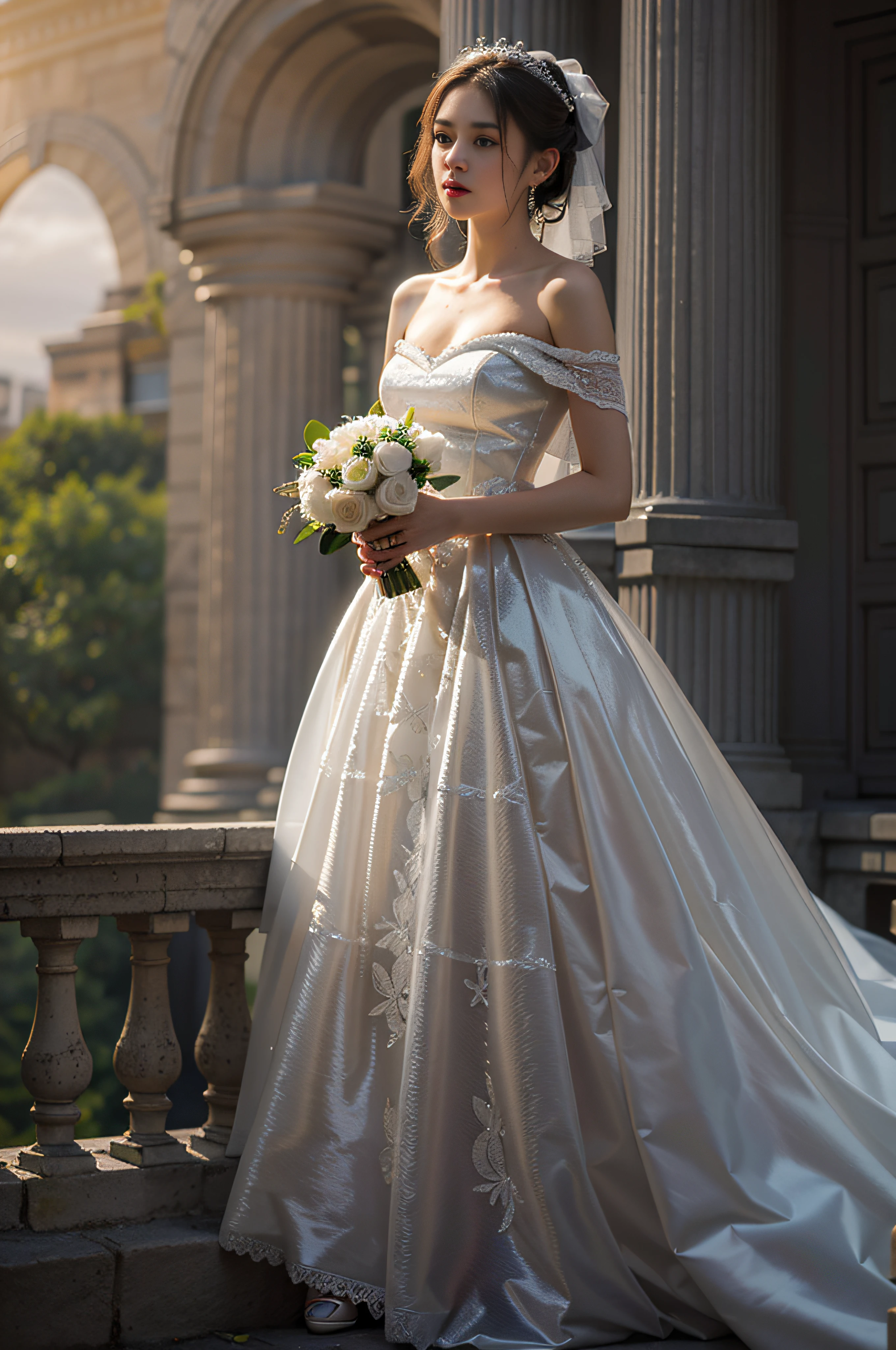 (realistic:1.3), finely detailed, quality, rembrandt lighting, (masterpiece:1.2), (photorealistic:1.2), (best quality), (detailed skin:1.3), (intricate details), dramatic, ray tracing,((Depth of field)), ultra realistic, ultra detail, out door, beautiful pose,Beautiful 22 year old young lady perfect height ratio wearing white wedding dress tight dress off-the-shoulder waist ribbon