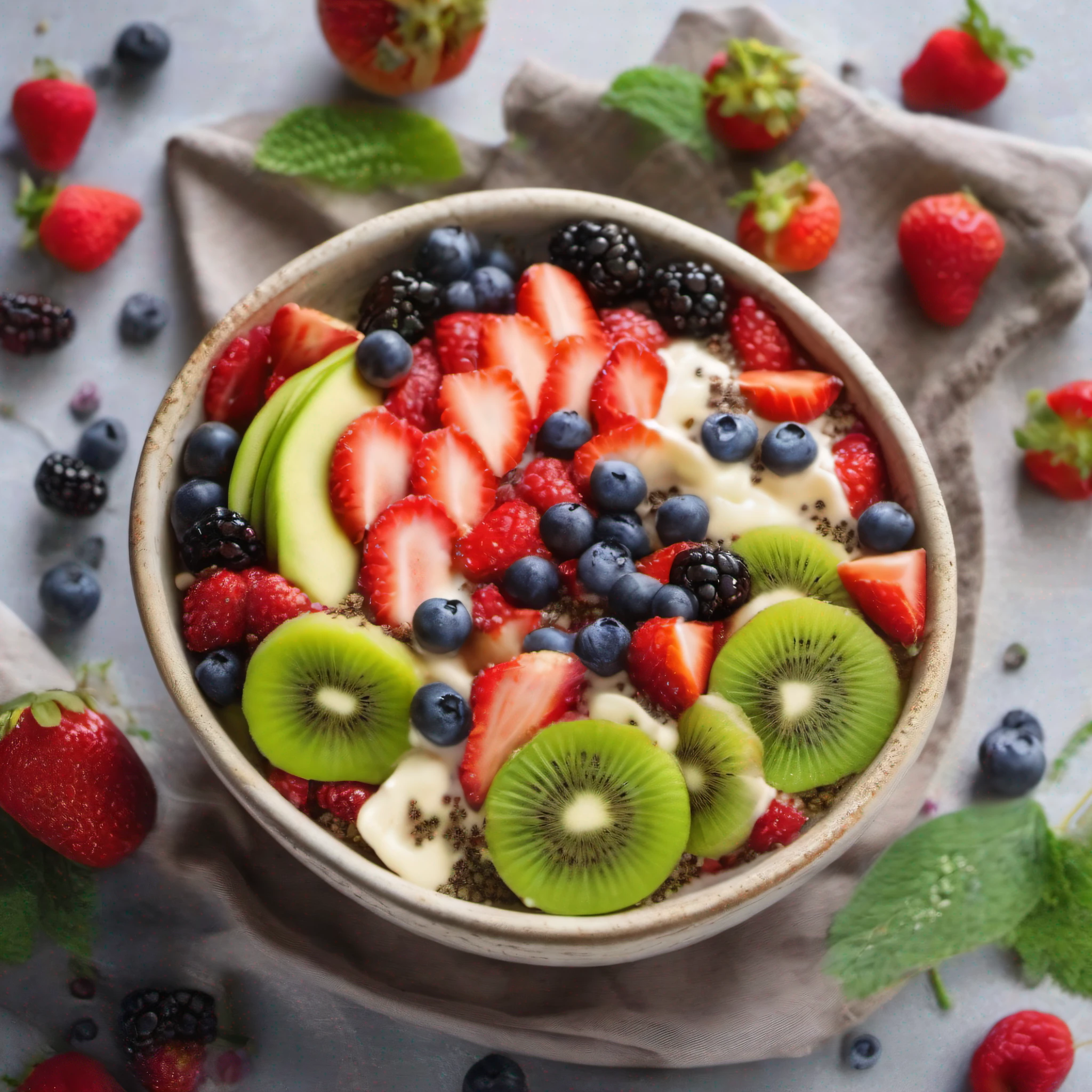 A very beautiful bowl with 2 tablespoons of chia seeds 1 cup of milk (pode ser leite de vaca, leite vegetal ou iogurte) 1 tablespoon honey or other sweetener of your choice 1 teaspoon vanilla extract (opcional) Frutas frescas picadas (como morangos, kiwi, manga, mirtilos, etc.) para a cobertura , This bowl is on a very beautiful table with other fruits, forming a very nice and beautiful scene.