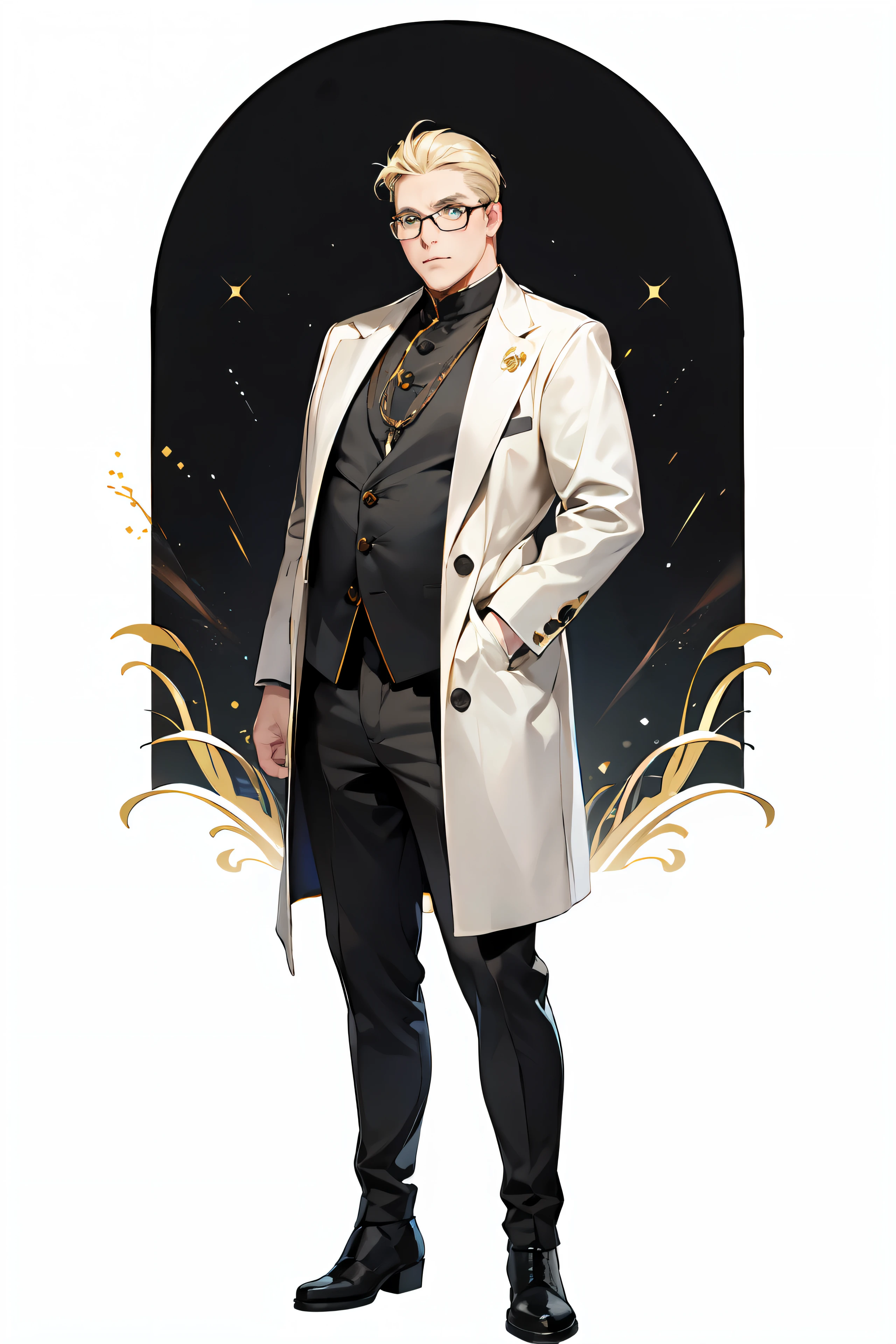 tmasterpiece，（best qualtiy：1.2），1人，1 person only，fat guy，（Blackn clothes：1.2），Full body like，headmaster，（Old uncle：1.2），little beard，Wears pedantic glasses，（Very short hair：1.1），（Black priest costume：1.1），facing to audience，coiffed blonde hair，mtu，whaite hair，green-eyed，（Leather boots：1.2），with wrinkles on his face，The expression is serious，（Pure white background：1.5），Standing motion，The clothes are black，The clothes have a gold pattern，（Middle-aged and elderly），Clothes in a minimalist style