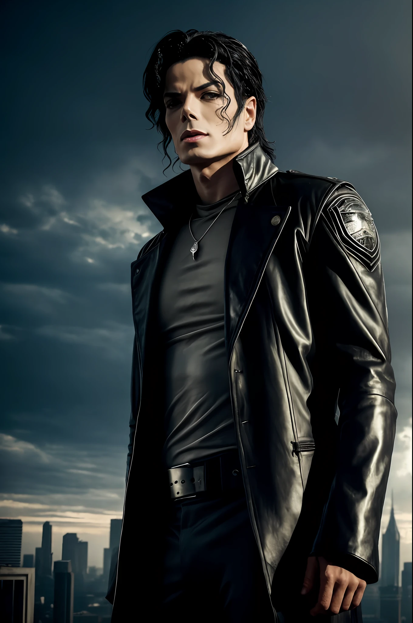 a futuristic and dystopian setting, Michael Jackson stands tall, reminiscent of his appearance in the 'They Don't Care About Us' music video. His iconic haircut and distinct skin color are instantly recognizable. The environment surrounding him is desolate, with crumbling buildings that bear the scars of a forgotten era. The sky above is dark and ominous, reflecting the bleakness of the world. Tension hangs in the air, as if rebellion is brewing just beneath the surface. The image is rendered with meticulous attention to detail, capturing every nuance of Jackson's expression and attire. Studio lighting is employed to create dramatic shadows and highlights, emphasizing the contours of his face and the texture of his clothing. The final image exudes a powerful sense of defiance and resilience, encapsulating the spirit of an artist who fought against injustice and sought to inspire change.