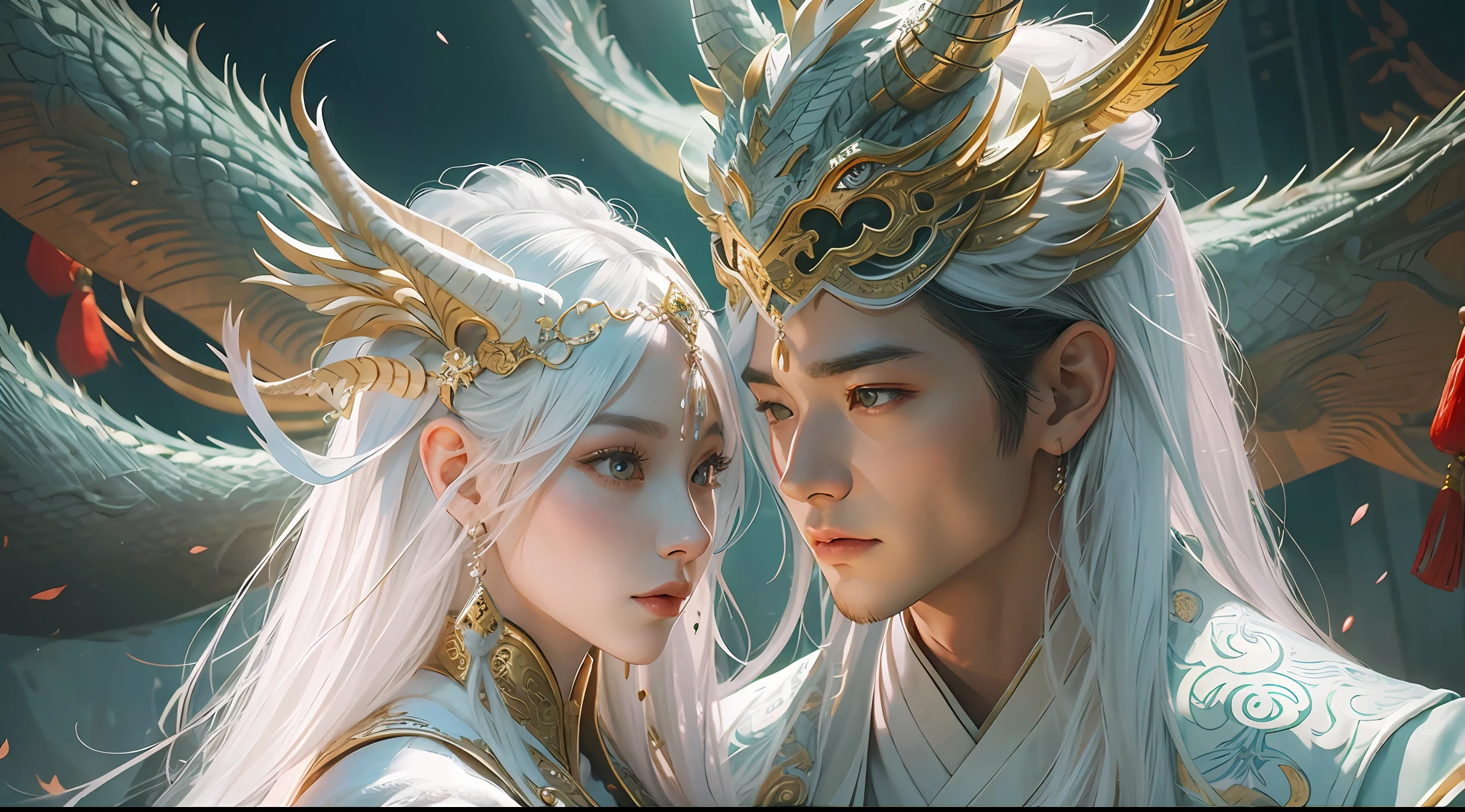 Close-up of a young couple wearing a white dragon dress on their heads,Chinese fantasy,beautiful digital artworks,Ross Tran 8 K,xianxia fantasy,Fenghua Bell,Chinese style,Dragon-inspired cloth robe,Ross Tran和Wlop,