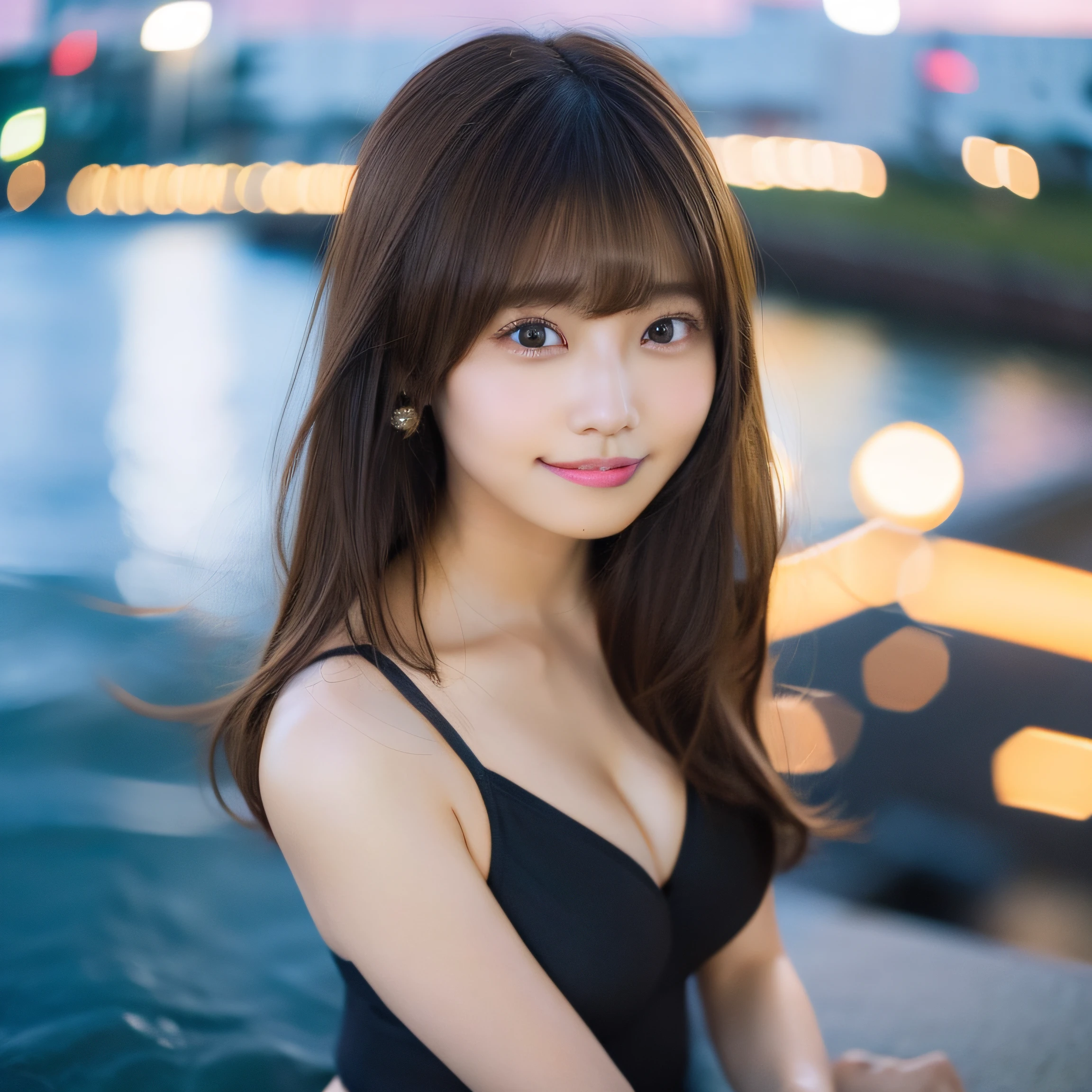 8K,Best Quality, 超A high resolution, (Photorealistic:1.4),masterpiece:1.3, Raw photo, (upper thigh:1.5, From Side:0.7), (Bokeh:1.2), sea side:1.3, (in a suite:1.6),sand beach:1.1, 1日本人の女の子, Cute, (Solo:1.6), (Shy smile), Smooth skin, (Brown medium hair,Bangs), (touch hair:1.4),nogizaka,Cute swimsuit,Beautiful black eyes:1.3、full bodyesbian:1.2