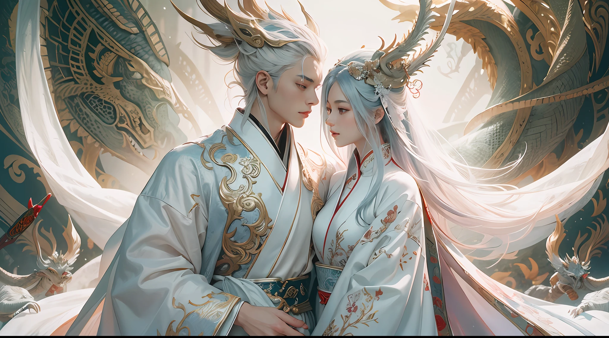 Close-up of a young couple wearing a white dragon dress on their heads,Chinese fantasy,beautiful digital artworks,Ross Tran 8 K,xianxia fantasy,Fenghua Bell,Chinese style,Dragon-inspired cloth robe,Ross Tran和Wlop,
