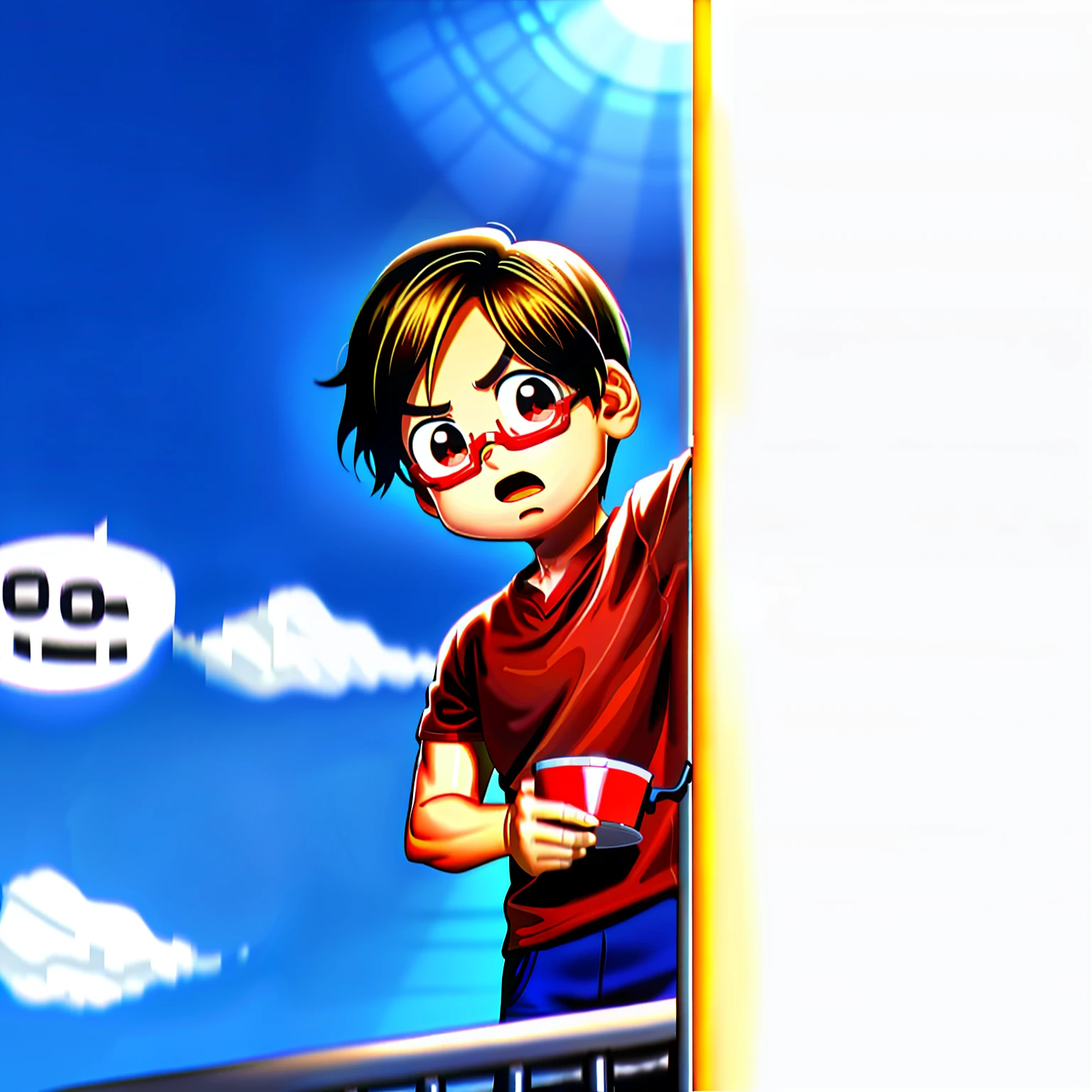 The cute boy looked up,Hold a red plate, , Plain background, hipster dad, shocked expression