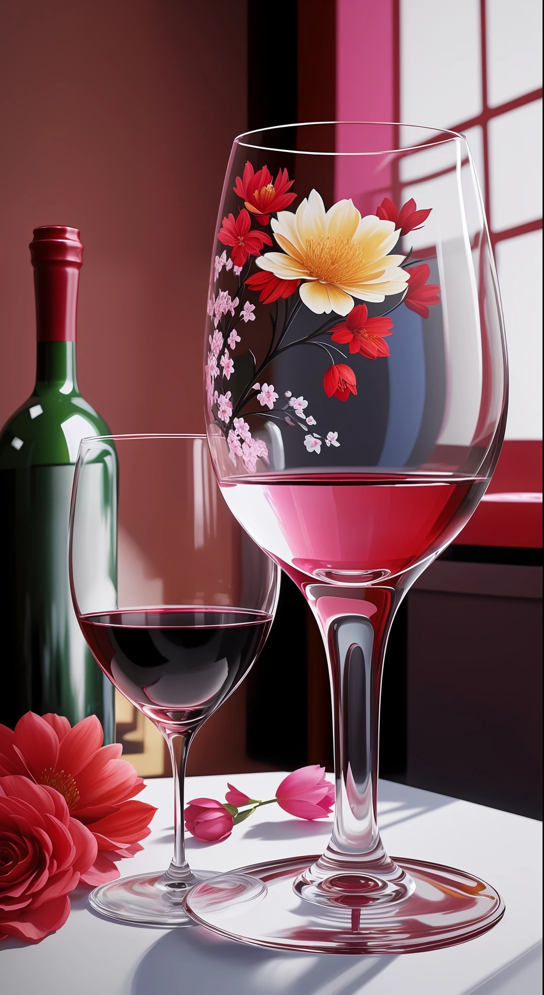 On the table were two wine glasses,There are flowers inside, paint-on-glass painting, red wine, Beautiful realistic painting, Wine, wineglass, Beautiful artwork, Exquisite rendering, photorealistic oil painting, Detailed realistic painting, Realistic detailed painting, photorealistic paintings, enjoying a glass of wine, beautiful art, elegant digital painting, a photorealistic painting