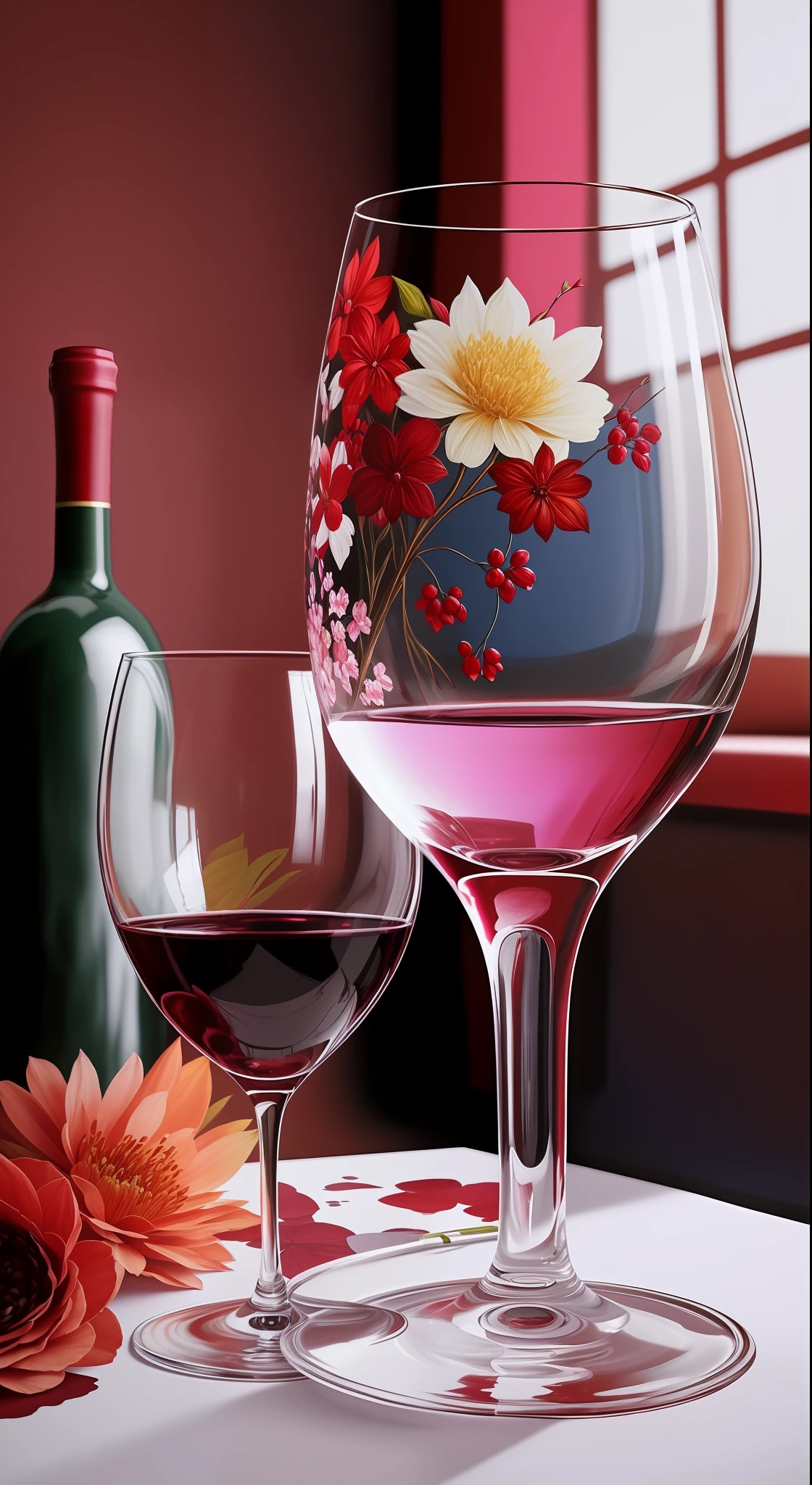 On the table were two wine glasses,There are flowers inside, paint-on-glass painting, red wine, Beautiful realistic painting, Wine, wineglass, Beautiful artwork, Exquisite rendering, photorealistic oil painting, Detailed realistic painting, Realistic detailed painting, photorealistic paintings, enjoying a glass of wine, beautiful art, elegant digital painting, a photorealistic painting