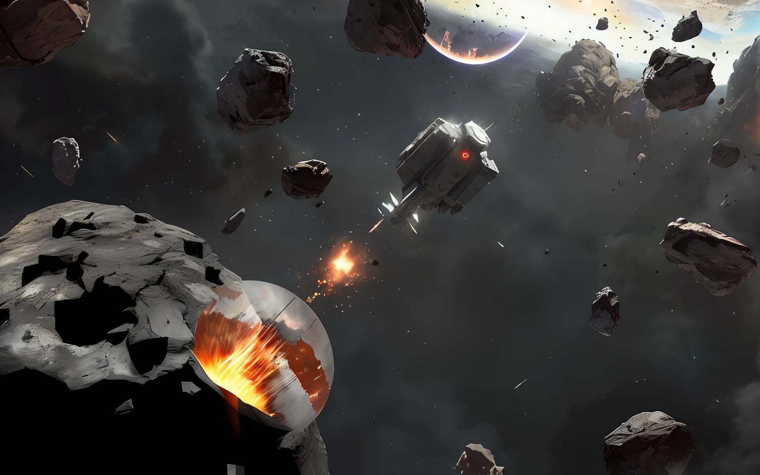 The spacecraft flew over rocky areas，There is a pile of rocks, asteroids realistic cinematic, sci-fi space game art, sci - fi spaceship in combat, spaceship in space in ruins, wide shot of a spaceship battle, star citizen digital art, landing in epic space battle, asteroids, epic space battle, The spaceship exploded, dramatic space battle, star citizen concept art