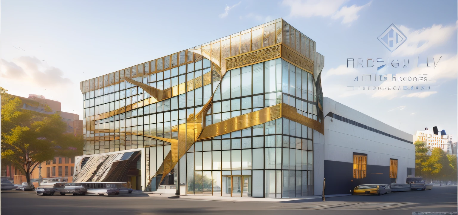 arafed image of a building with a large glass window, exterior shot, precise architectural rendering, architectural rendering, sharp foccus ilustration hq, sharp hq rendering, artstation hq, a digital rendering, architectural render, photo render, artstation hq”, artistic render, artist's impression, gold and steel intricate, architecture render, sharp focus ilustration hq