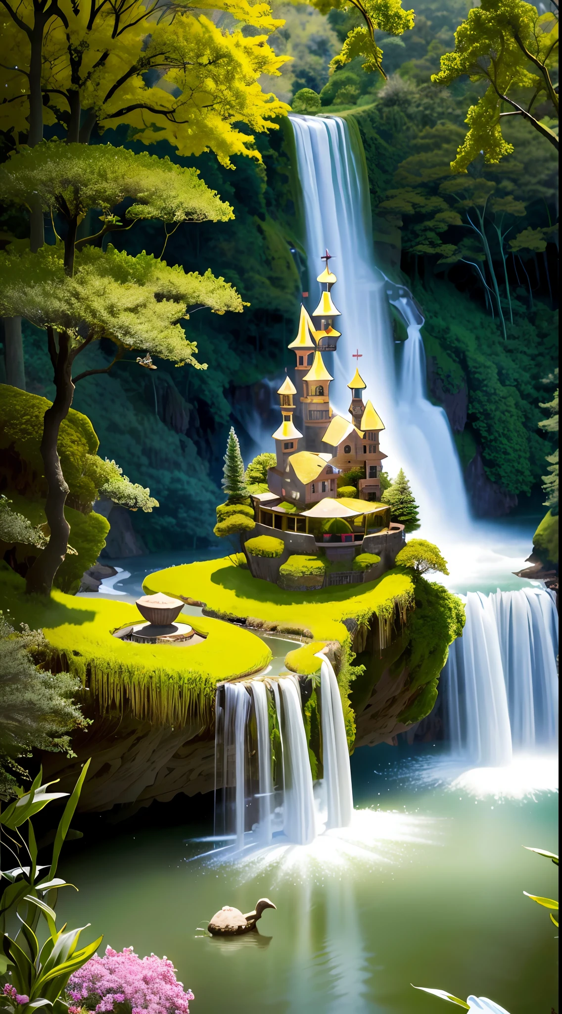 (a fairy world),borgar,chies,crosses,Floating Island Waterfall,All kinds of magical creatures。beautiful angel、Mysterious forest、Enchanted castle、flock,Fabulous kingdom。Realism, chiaroscuro, cinematic lighting, 135mm, panorama, best quality, high details, UHD, masterpiece