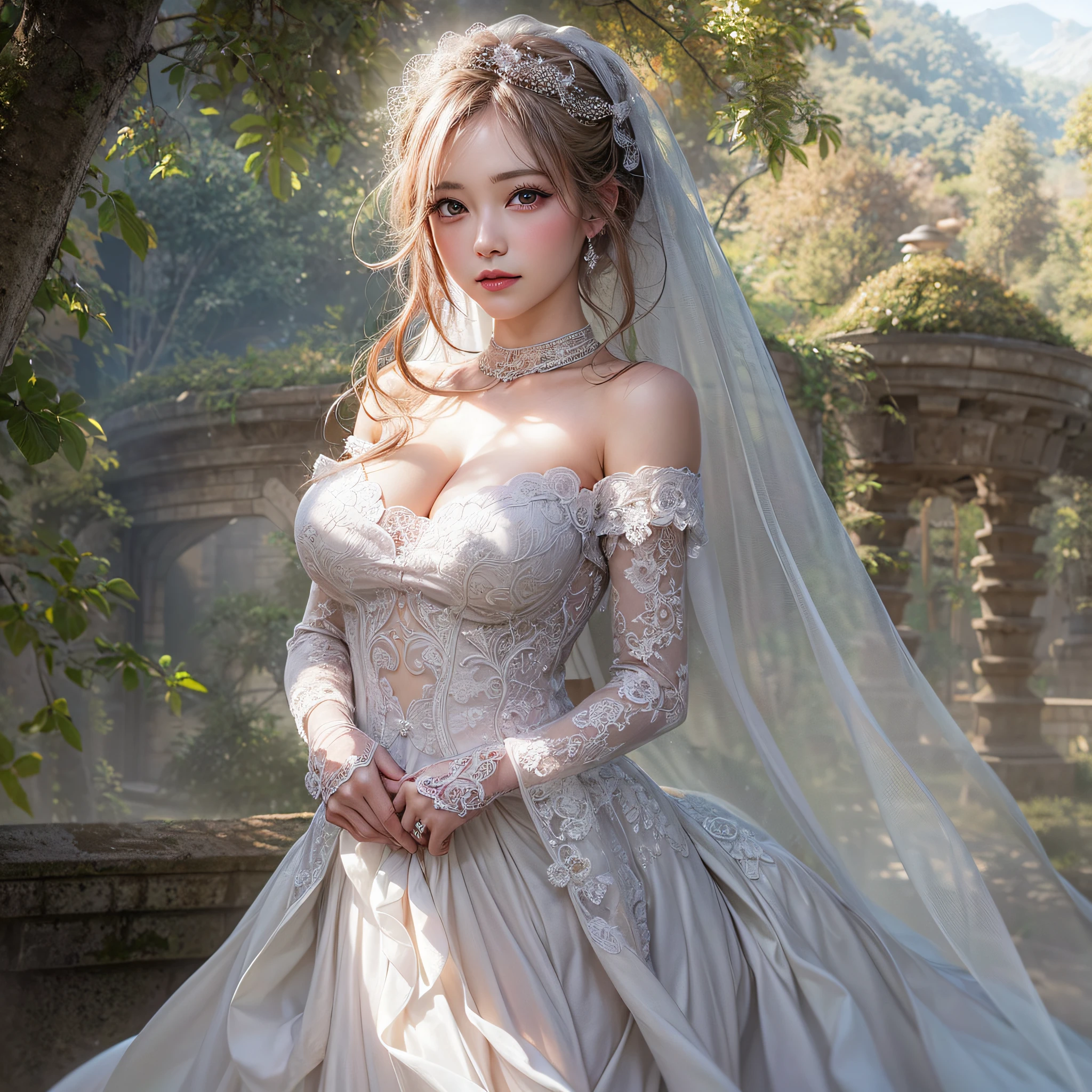 1 Beautiful girl, Beautiful girl of the highest grade, Realistic, extremely detailed CG unified 8k wallpaper, ighly detailed, High-definition raw color photos, professional photograpy, Realistic portrait, Cinematic Light, Beautiful detailed, (Naked:1.5), Beautiful big breasts, breasts details, (cleavage of the breast:1.2), Bare shoulders, (beautiful wedding dress with a wide open chest:1.4), No bra, No panties, (cameltoe details), Outdoors, Beautiful Landscape Forest, castle, stare, (Best Quality:1.4), super detail, high quality, masterpiece, upper body,