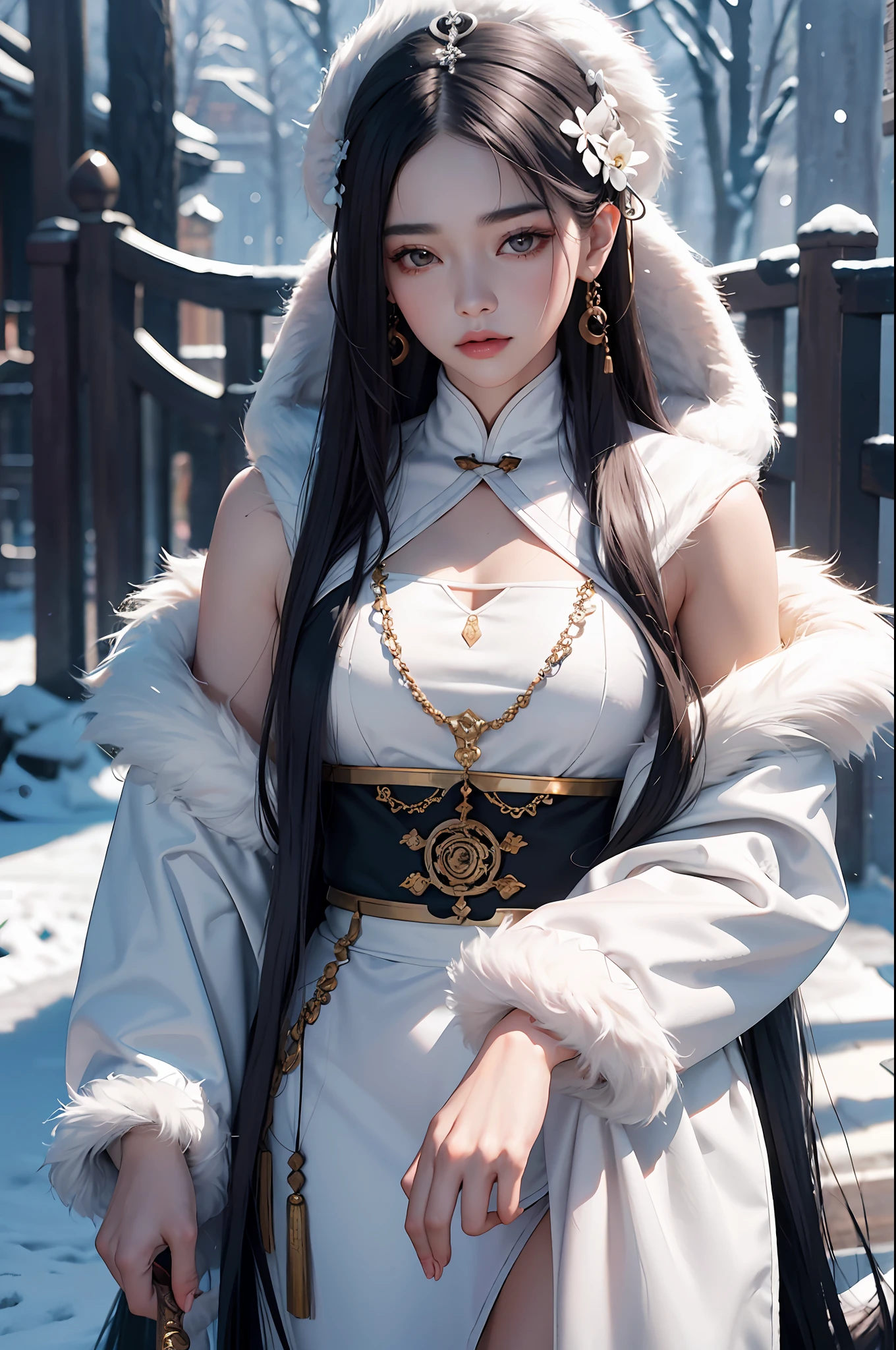 Close-up of a woman with long hair in a fur coat, Top-down view,Pale snow-white complexion,Cold beauty,Strands of hair are coiled and on the forehead,Wolf fur coat robe,period costume,best qualtiy,8K, xianxia fantasy, Xianxia, Inspired by Tang Yifen, inspired by Zhang Yin, inspired by Luo Mu, inspired by Lü Ji, inspired by Li Mei-shu, inspired by Zhu Derun