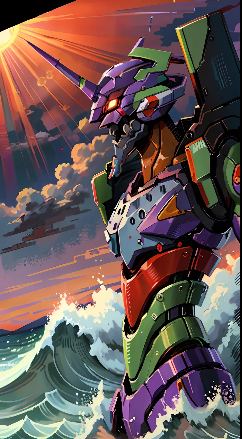 (eva 01), evagod, evangelion mecha, science fiction, looking at viewer, Oil painting, Ukiyo-e, waves, 8K, best quality,red ocean,red sun,red,Twilight, soft light,dusk