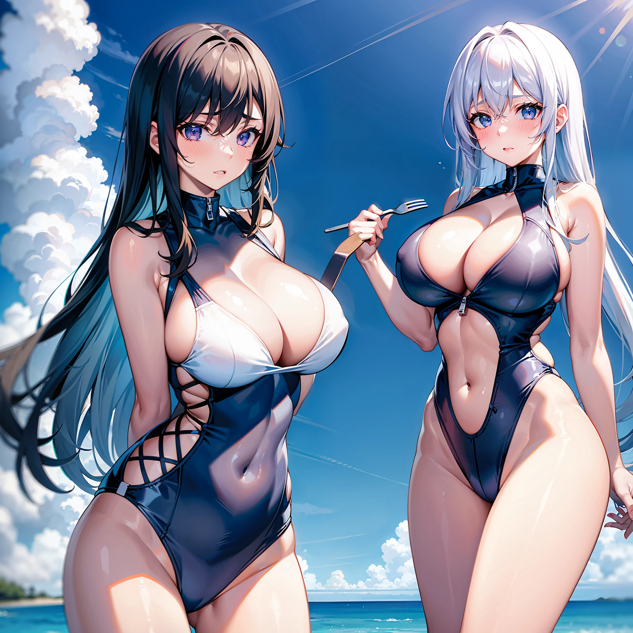 2girls,Extremely large breasts,Get wet,Sleeveless competitive swimsuit,Bare with thighs,Bare navel,zippers,High-fork swimsuit