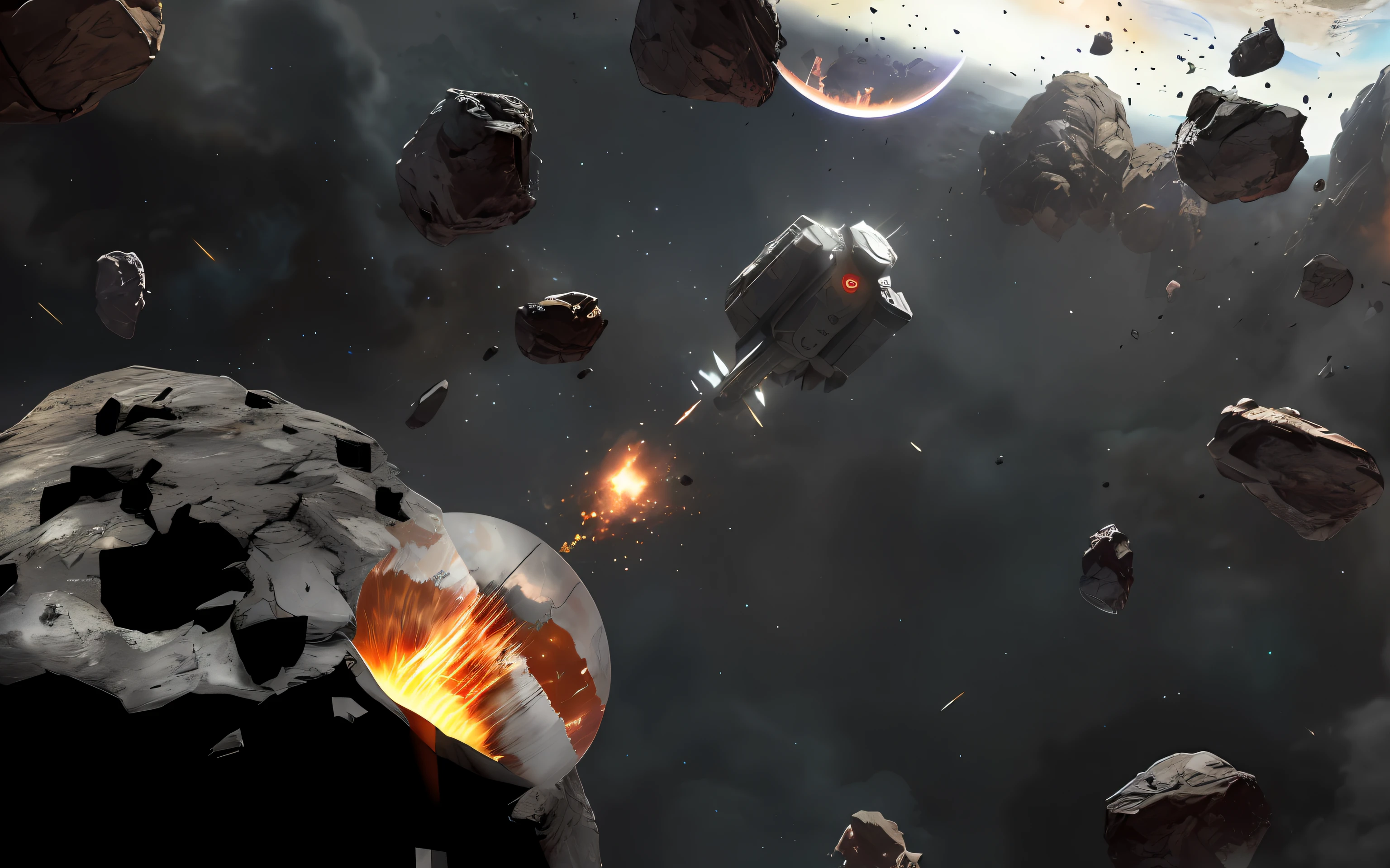 The spacecraft flew over rocky areas,There is a pile of rocks, asteroids realistic cinematic, sci-fi space game art, sci - fi spaceship in combat, spaceship in space in ruins, wide shot of a spaceship battle, star citizen digital art, landing in epic space battle, asteroids, epic space battle, The spaceship exploded, dramatic space battle, star citizen concept art