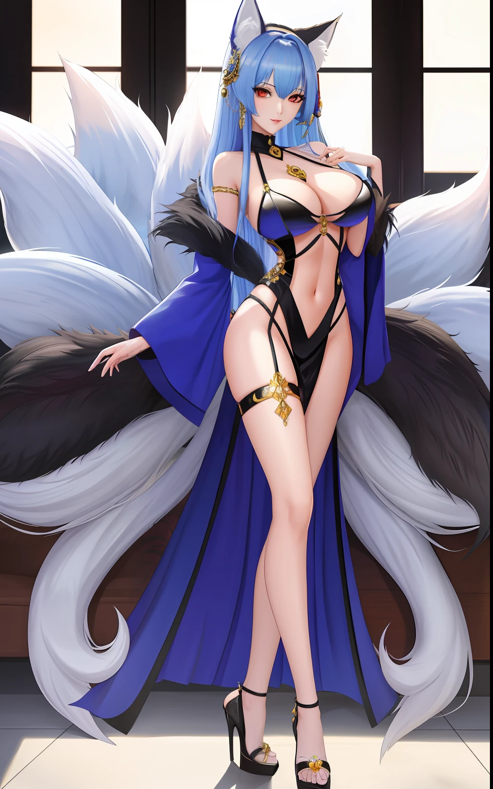 Royal Sister（1girl)，Nine-tailed foxman，Erotic sexy，Has nine tails，Hot figure，Slender body，huge tit，Erotic clothing，strappy heels，Long legs，full bodyesbian