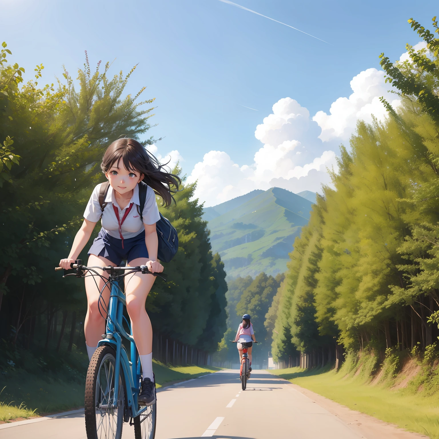 Nostalgic countryside。Female student riding bicycle on the road、