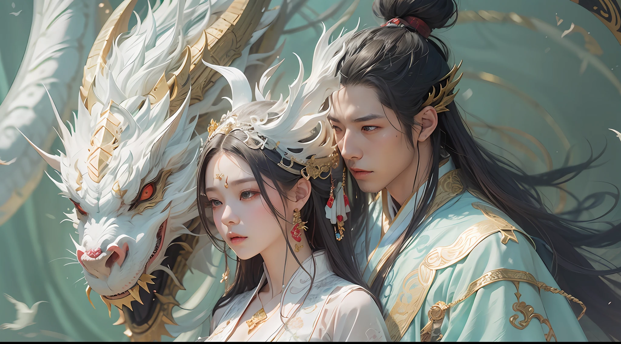 Close-up of a young couple wearing a white dragon dress on their heads，Chinese fantasy，beautiful digital artworks，Ross Tran 8 K，xianxia fantasy，Fenghua Bell，Chinese style，Dragon-inspired cloth robe，Ross Tran和Wlop，