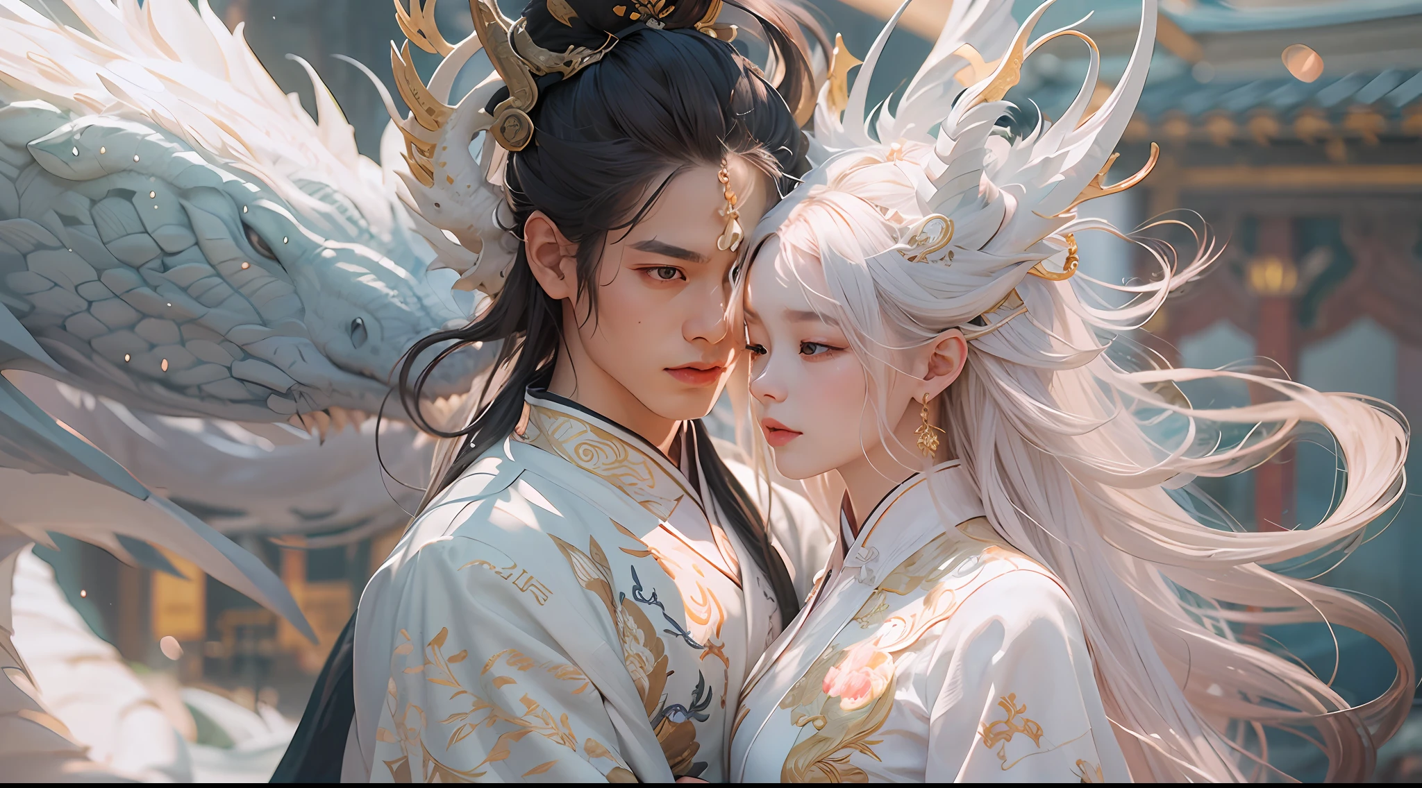 Close-up of a young couple wearing a white dragon dress on their heads，Chinese fantasy，beautiful digital artworks，Ross Tran 8 K，xianxia fantasy，Fenghua Bell，Chinese style，Dragon-inspired cloth robe，Ross Tran和Wlop，