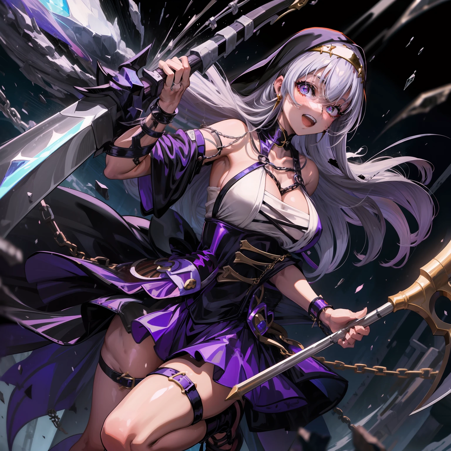 ((Sister Nunn))。solo women。falda corta。Big ax in hand。Roccia Bar Axe。She has a large ax with a long handle。Latex costumes。bontage。Accessories with an eye motif。Chains and spines around the body。yandere。Thin laughter。chastity belt。fullbody image。