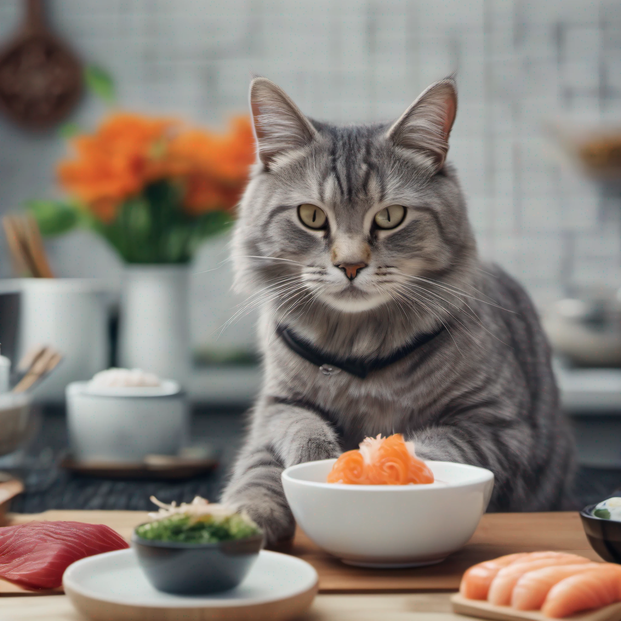 close-up photography of (grey tabby cat is preparing sushi on the table:1.2), (c4ttitude:1.3), in glasstech kitchen, hyper realistic, intricate detail, (foggy:1.1), pov from below