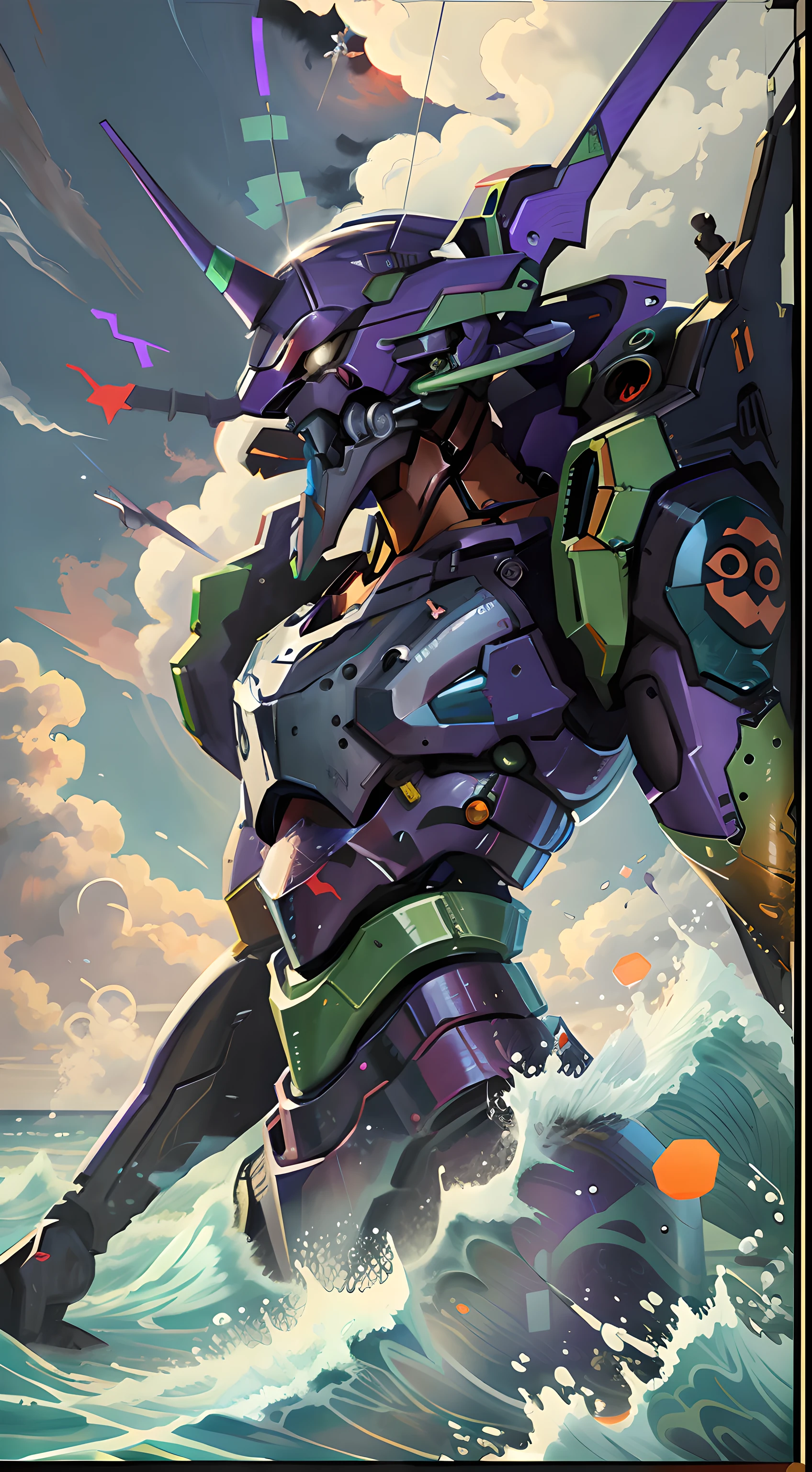 (eva 01), evagod, evangelion mecha, science fiction, looking at viewer, Oil painting, Ukiyo-e, ocean, waves, 8K, best quality